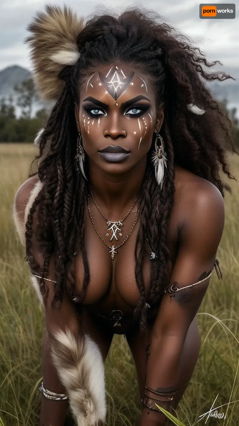 Tribal, female, savage. dark skin. brown skin. squats, ready to pounce. clenched jaw. showing teeth. wild hair. loin clothes. naked upper body. squats in tall grass. blind on 1 eye. sclera all white. war paint. painted face., warpaint, face, paint, <lora:WarPaint:.8>