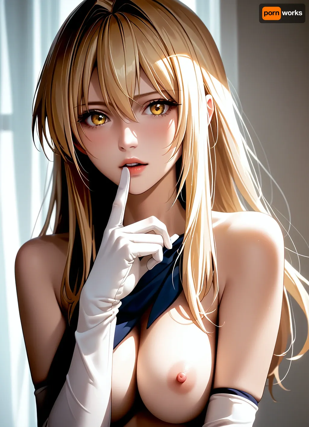 score_9_up, score_8_up, score_7_up, 1girl blonde_hair breasts cleavage elbow_gloves finger_to_mouth gloves hair_between_eyes large_breasts long_hair looking_at_viewer, (nude, naked), (one_eye_closed), parted_lips, (shushing), solo sparkling_eyes upper_body white_gloves yellow_eyes, katou, megumi, kasumigaoka, utaha, sawamura, spencer, eriri, <lora:Misaki Kurehito_XL:1.2>