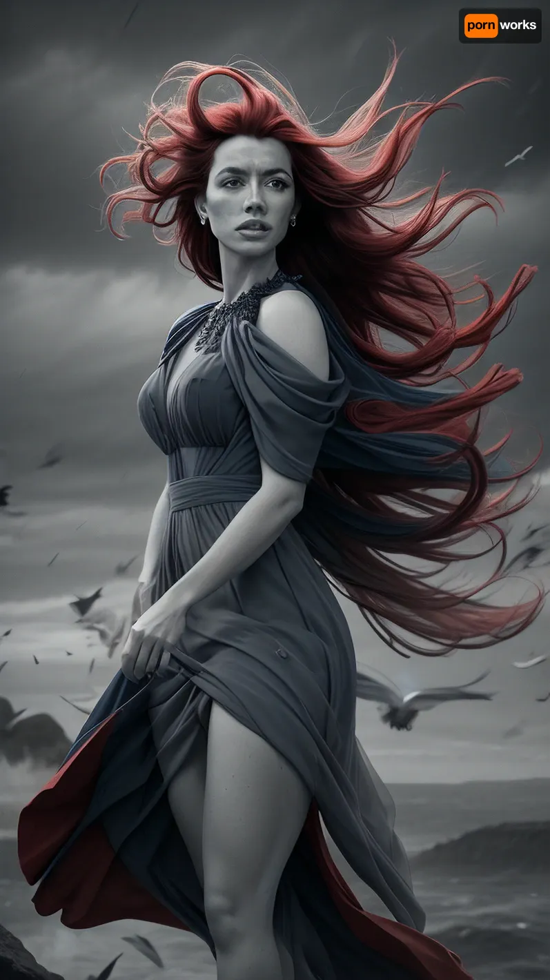 A woman stands on a cliff in a grayscale, very nice face, landscape, wearing a long, flowing royal blue dress. Surrounding her, hundreds of bright red birds swirl in flight — vibrant against the muted tones. The birds fill the air, some near her face, others trailing behind her, forming a spiral of motion. The wind catches her dress and hair as if nature responds to the storm of birds. Emotional, cinematic, dramatic — a poetic scene of contrast, color, and intensity.