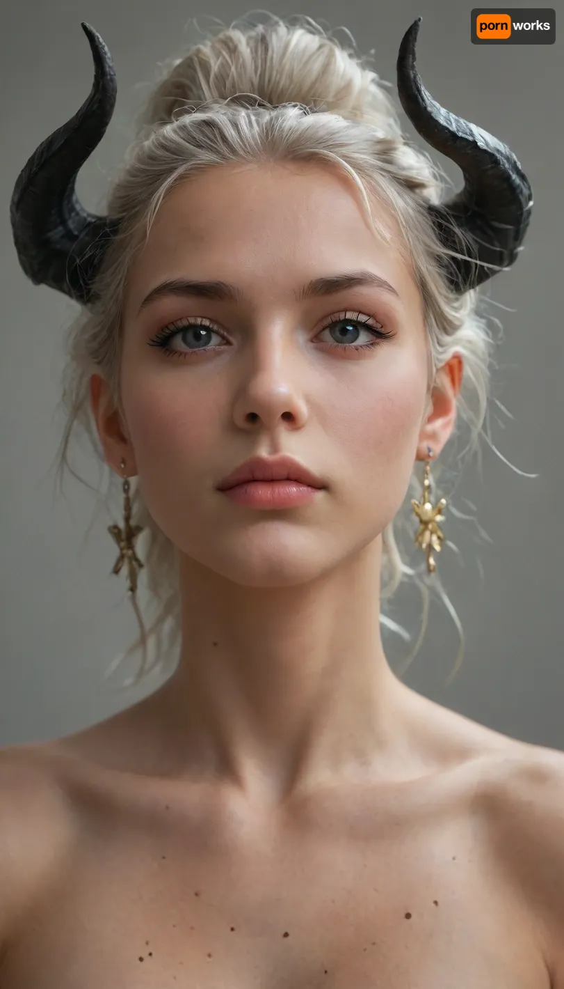 (face close up:1.2), grey background, a dark demon girl with black horns, (pitch black eyes, cosmic black:1), bright bleach white hair, well lit, very skinny, nude, cosmic, full body, long legs, pattern on skin, <lora:BD1.1-000009:1>, <lora:EnvyInfernalXL01:1.5>