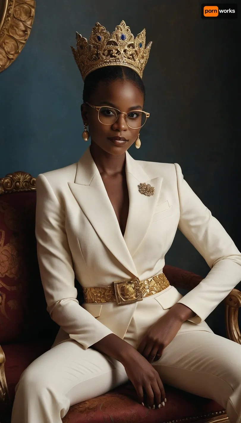 A striking portrait of a young Senegalese princess, circa 25 years old, exuding regal confidence. She is elegantly poised in a tailored, avant-garde pantsuit, the jacket, a vibrant sapphire blue, is sharply structured with exaggerated shoulders and a cinched waist, showcasing intricate gold embroidery along the lapels. The trousers, a creamy off-white, fall in crisp, sharp lines. Her dark brown skin glows under warm, golden lighting, contrasting beautifully with the suit. She wears oversized, tortoiseshell-rimmed glasses, adding a touch of intellectual sophistication to her already commanding presence. Her dark, expressive eyes hold a thoughtful yet powerful gaze, her full lips curved into a subtle, knowing smile. A pristine white Persian cat, sleek and calm, rests gracefully on her lap, its fur a stark contrast to the bold colors of her attire. The background is a minimalist, textured off-white wall, providing a clean backdrop that accentuates the princess and her attire. The composition is a three-quarter view, slightly low angle shot, emphasizing her regal stature. The style is a blend of contemporary avant-garde fashion photography and classical portraiture, evocative of a modern-day royal. The overall mood is one of quiet power and sophisticated elegance, steeped in a rich, warm palette with sharp contrasts in texture and tone. Render in a photorealistic style with a subtle painterly touch, emphasizing detail and texture, particularly the cat's fur and the embroidery on the suit.
