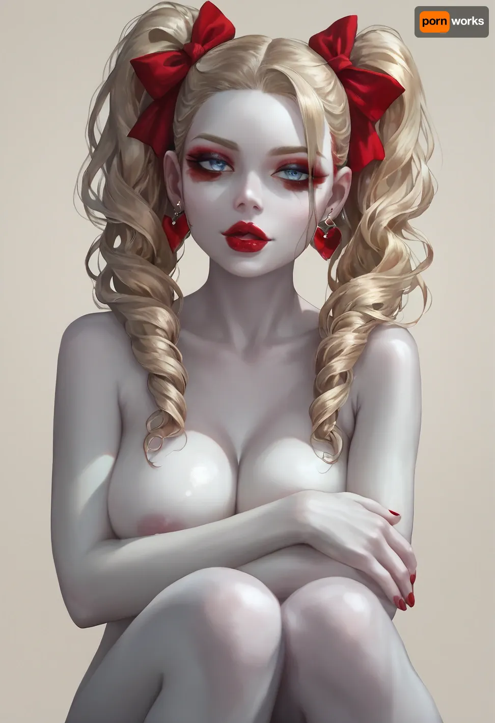 Beautiful busty slender woman, (blonde hair, styled in pigtails with red ribbons), heart shaped high cheek bone face, full lips, seductive, (deep red lipstick), (Pale skin:1.6), (striking light blue eyes, with red eyeliner and red smoky eye shadow), (silver earrings), (sensual look), (naked), (beige background), realistic detailed face, detailed hair, realistic detailed body, realistic detailed skin, realistic detailed breasts, realistic detailed pussy, (front view:1.2), (sitting legs crossed, holding knees and covering breasts), (looking at viewer), detailxl, <lora:add-detail-xl:1.5>, <lora:style_lora_realis:.5>