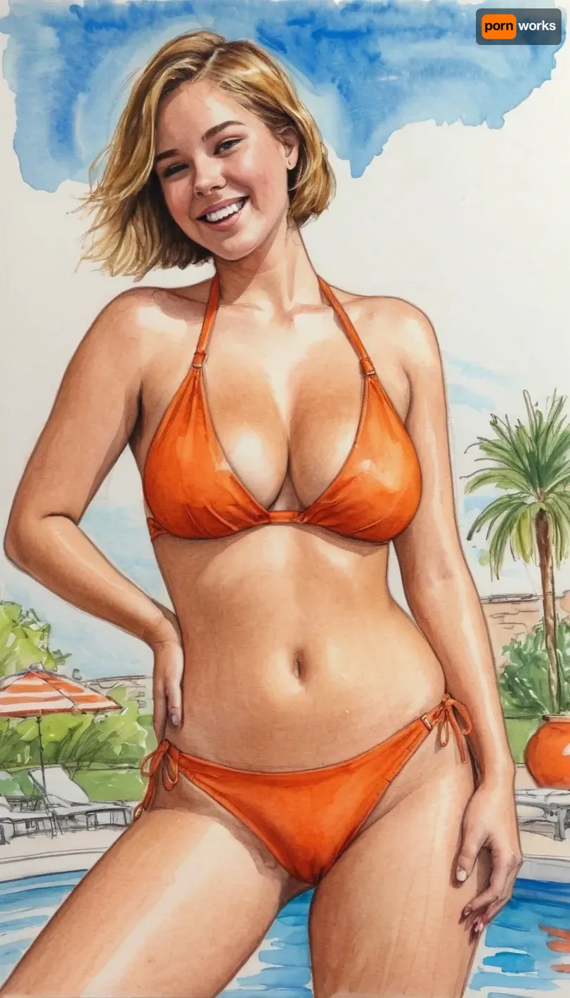 Crayon drawing, (((sketch))), 1girl, 18yo, solo, voluptuous, laughing, pool, sky, ((shortstack)), standing, dark blond hair, messy bobcut, fully wet, round face, huge large round natural breasts, ((extremely heavily tanned)), bright neon orange bikini, front view, full body view, cameltoe, thigh gap, Architecture, sketch, <lora:crayons_v1_sdxl:1>, <lora:HandSketcher-XL:1>