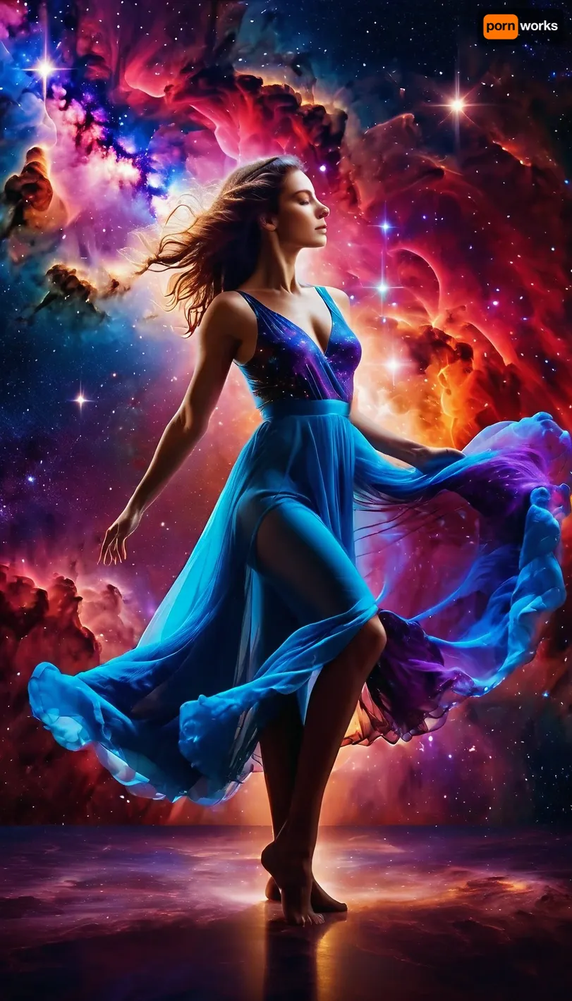 A full-length beautiful woman in a dynamic dance in the cosmic void, her form intertwined with the vibrant colors of stellar nebulae., (Double exposure technique:1.4), combines the beauty of the universe with the girl's appearance, Bright, glowing colors of nebulae, red, blue and purple hues, twinkling stars, smooth skin, calm expression, atmospheric details, vivid colors, dreamy atmosphere, detailed textures, High detail, 8K, masterpiece, photorealistic, rendered in Octane.