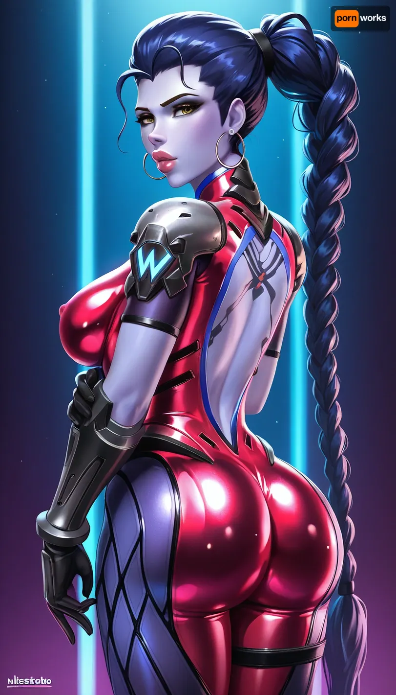 widowmaker, blue skin, solo, a very very very long thick braid, full lips, thick lips, huge chest circumference, tight red metallic high-necked long-sleeved high-rise bodysuit, ultra-high stripper platform stilettos, big hips, big ass, voluptuous, plump, curvy