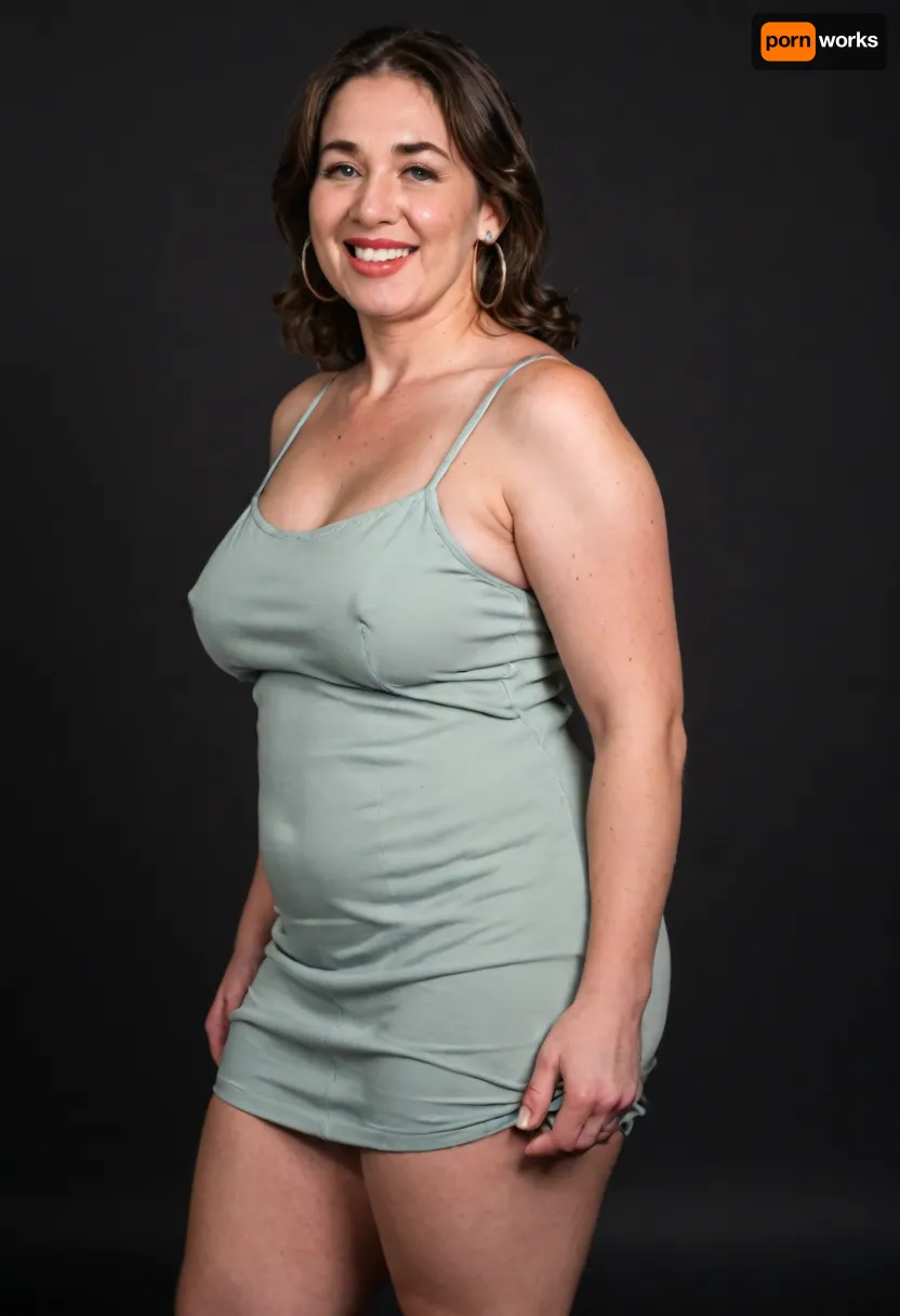 3/4 side view, Curvy gilf, looking at viewer, eye contact, portrait photo a ssbbw mature 60 year old woman, wearing a v-neck sleeveless spaghetti strap light green maxidress, hourglass figure, wide, huge hips, large waist, narrow waist, thick, thighs, saddlebags, round face, chubby cheeks, wrinkles, flushed cheeks, double chin, big eyes, long hair, brunette hair with highlights, medium hair, big smile, mouth open, lips parted, big lips, teeth showing, perfect teeth, joyful smile, (solid blank black background), pokies, hoop earrings, (wrinkles), sagging, breasts, apart, hard nipples, huge ass