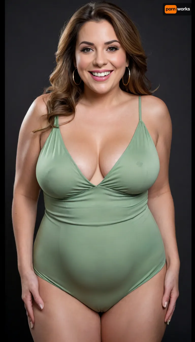 3/4 side view, Curvy gilf, looking at viewer, eye contact, portrait photo a ssbbw mature 60 year old woman, wearing a v-neck sleeveless spaghetti strap light green maxidress, hourglass figure, wide, huge hips, large waist, narrow waist, thick, thighs, saddlebags, round face, chubby cheeks, wrinkles, flushed cheeks, double chin, big eyes, long hair, brunette hair with highlights, medium hair, big smile, mouth open, lips parted, big lips, teeth showing, perfect teeth, joyful smile, (solid blank black background), pokies, hoop earrings, (wrinkles), sagging, breasts, apart, hard nipples, huge ass