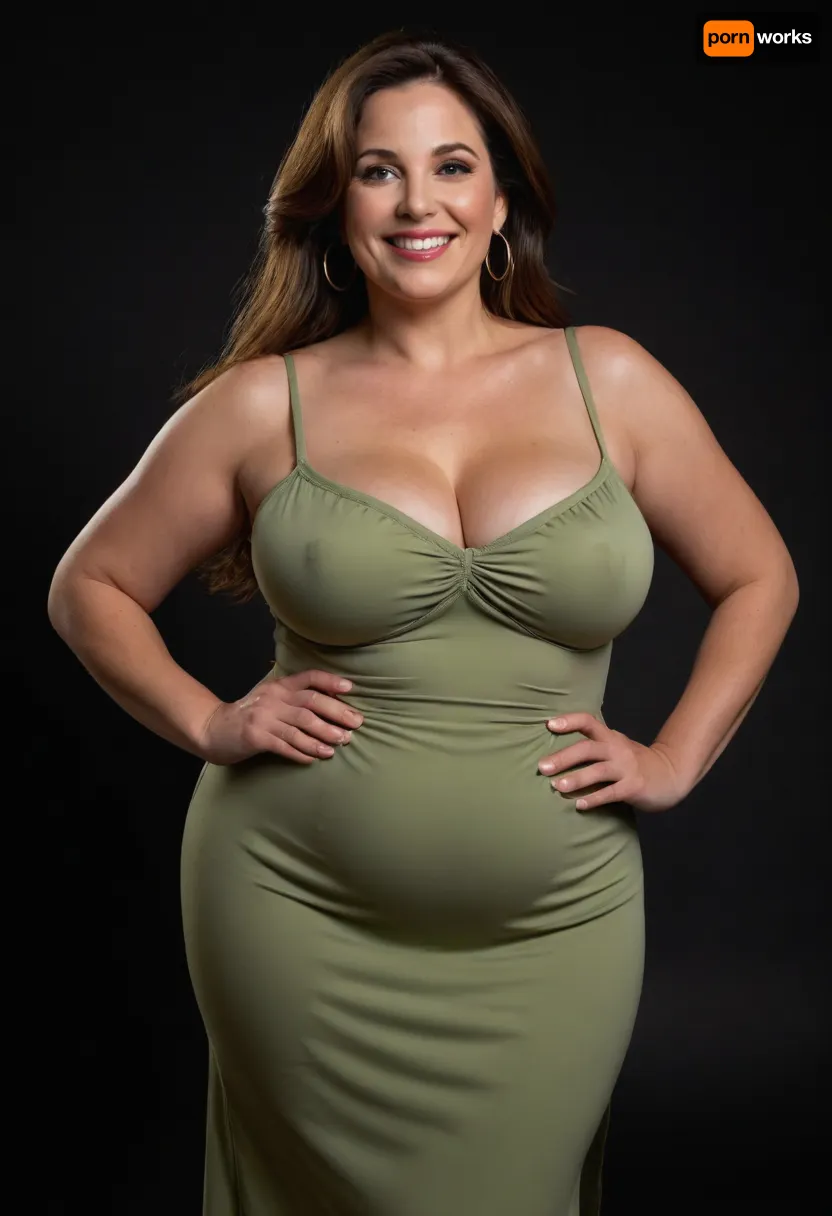 3/4 side view, Curvy gilf, looking at viewer, eye contact, portrait photo a ssbbw mature 60 year old woman, wearing a v-neck sleeveless spaghetti strap light green maxidress, hourglass figure, wide, huge hips, large waist, narrow waist, thick, thighs, saddlebags, round face, chubby cheeks, wrinkles, flushed cheeks, double chin, big eyes, long hair, brunette hair with highlights, medium hair, big smile, mouth open, lips parted, big lips, teeth showing, perfect teeth, joyful smile, (solid blank black background), pokies, hoop earrings, (wrinkles), sagging, breasts, apart, hard nipples, huge ass