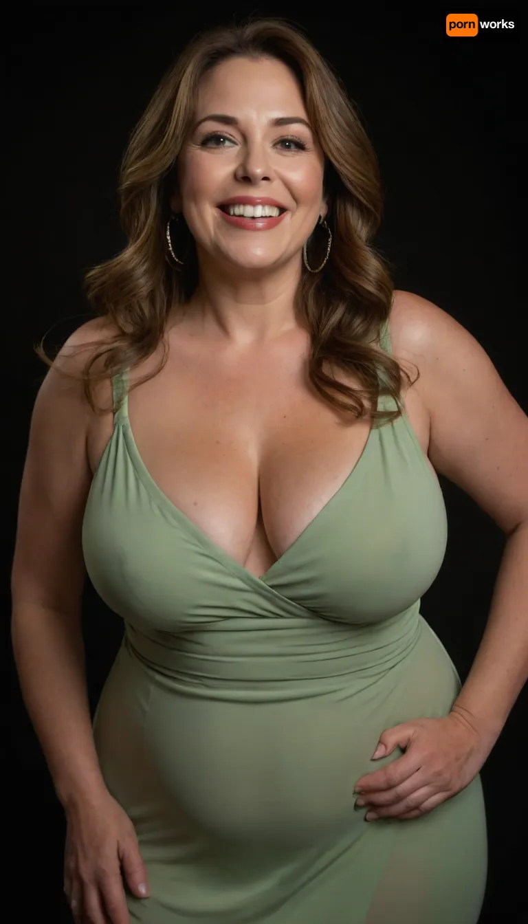 3/4 side view, Curvy gilf, looking at viewer, eye contact, portrait photo a ssbbw mature 60 year old woman, wearing a v-neck sleeveless spaghetti strap light green maxidress, hourglass figure, wide, huge hips, large waist, narrow waist, thick, thighs, saddlebags, round face, chubby cheeks, wrinkles, flushed cheeks, double chin, big eyes, long hair, brunette hair with highlights, medium hair, big smile, mouth open, lips parted, big lips, teeth showing, perfect teeth, joyful smile, (solid blank black background), pokies, hoop earrings, (wrinkles), sagging, breasts, apart, hard nipples, huge ass