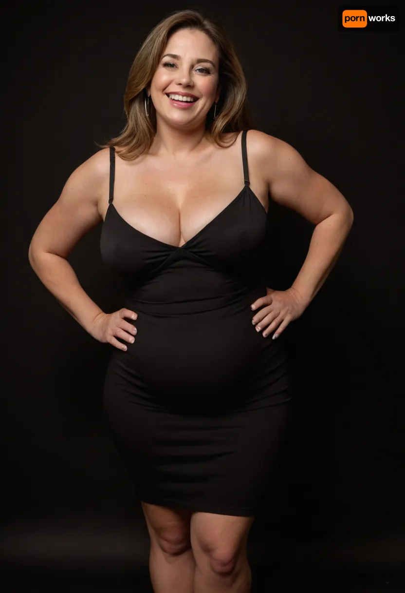 3/4 side view, Curvy gilf, looking at viewer, eye contact, portrait photo a ssbbw mature 60 year old woman, wearing a v-neck sleeveless spaghetti strap black dress, hourglass figure, wide, huge hips, large waist, narrow waist, thick, thighs, saddlebags, round face, chubby cheeks, wrinkles, flushed cheeks, double chin, big eyes, long hair, brunette hair with highlights, medium hair, big smile, mouth open, lips parted, big lips, teeth showing, perfect teeth, joyful smile, (solid blank black background), pokies, hoop earrings, (wrinkles), sagging, breasts, apart, hard nipples, downblouse, nipslip, <lora:RealDownblouseXL2:.8>