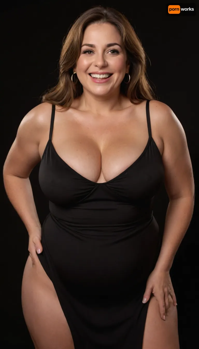 3/4 side view, Curvy gilf, looking at viewer, eye contact, portrait photo a ssbbw mature 60 year old woman, wearing a v-neck sleeveless spaghetti strap black dress, hourglass figure, wide, huge hips, large waist, narrow waist, thick, thighs, saddlebags, round face, chubby cheeks, wrinkles, flushed cheeks, double chin, big eyes, long hair, brunette hair with highlights, medium hair, big smile, mouth open, lips parted, big lips, teeth showing, perfect teeth, joyful smile, (solid blank black background), pokies, hoop earrings, (wrinkles), sagging, breasts, apart, hard nipples, downblouse, nipslip, <lora:RealDownblouseXL2:.8>