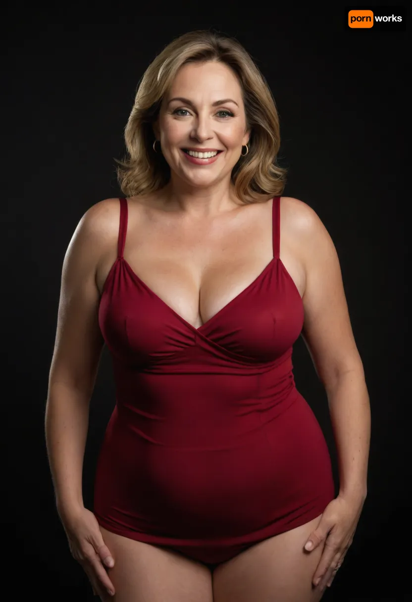 Curvy gilf, looking at viewer, eye contact, portrait photo a, (obese), mature 60 year old woman, wearing a tight red v-neck sleeveless spaghetti strap dress, slutty, hourglass figure, wide, huge hips, large waist, narrow waist, thick, thighs, saddlebags, round face, chubby cheeks, wrinkles, flushed cheeks, double chin, big eyes, chestnut hair with highlights, medium hair, big smile, mouth open, lips parted, big lips, teeth showing, perfect teeth, joyful smile, (solid blank black background), pokies, hoop earrings, (wrinkles), fupa, cameltoe, drooping saggy conical breasts, sagging, breasts, apart, hard nipples