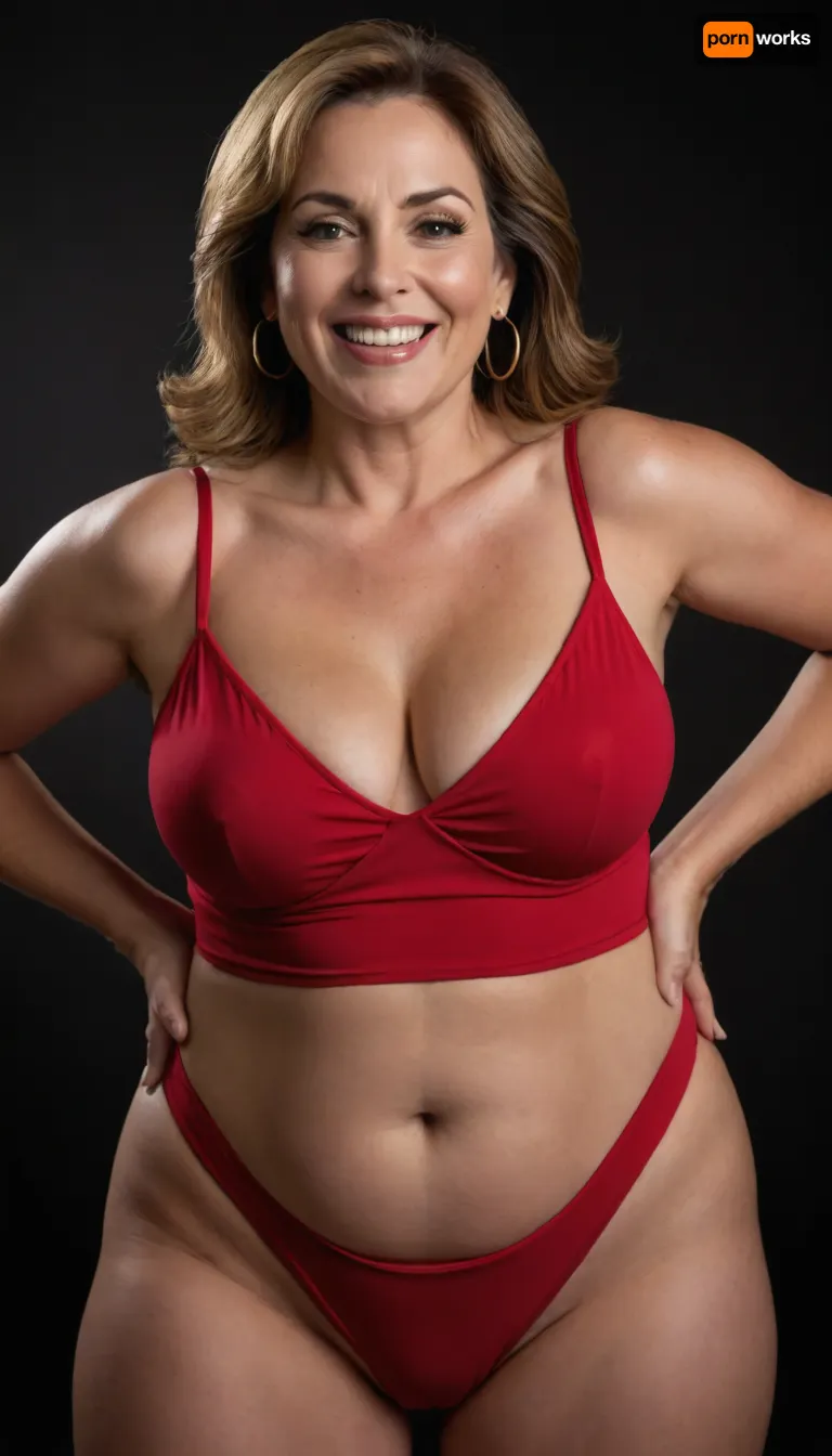 Curvy gilf, looking at viewer, eye contact, portrait photo a, (obese), mature 60 year old woman, wearing a tight red v-neck sleeveless spaghetti strap dress, slutty, hourglass figure, wide, huge hips, large waist, narrow waist, thick, thighs, saddlebags, round face, chubby cheeks, wrinkles, flushed cheeks, double chin, big eyes, chestnut hair with highlights, medium hair, big smile, mouth open, lips parted, big lips, teeth showing, perfect teeth, joyful smile, (solid blank black background), pokies, hoop earrings, (wrinkles), cameltoe, (drooping saggy conical breasts), sagging, breasts, apart, hard nipples, squatting