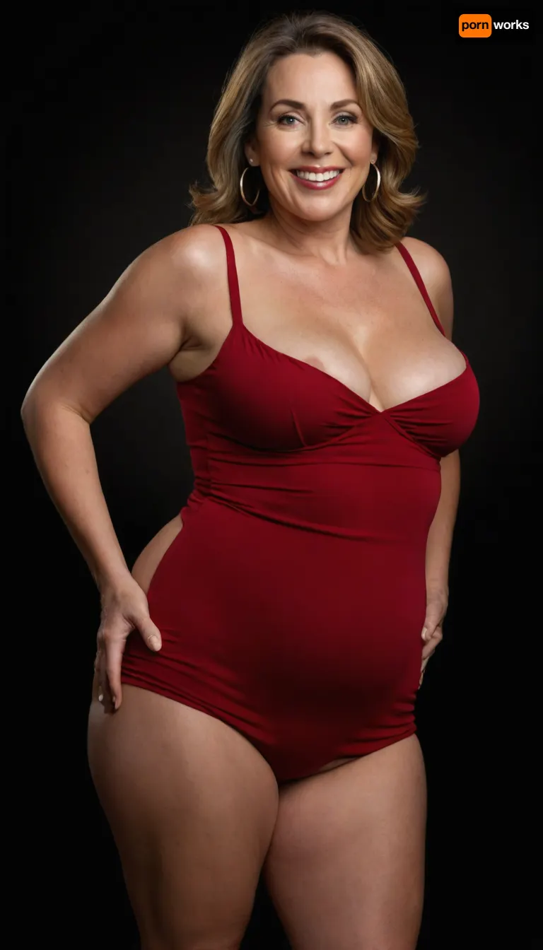 Curvy gilf, looking at viewer, eye contact, portrait photo a, (obese), mature 60 year old woman, wearing a tight red v-neck sleeveless spaghetti strap long dress, hourglass figure, wide, huge hips, large waist, narrow waist, thick, thighs, saddlebags, round face, chubby cheeks, wrinkles, flushed cheeks, double chin, big eyes, chestnut hair with highlights, medium hair, big smile, mouth open, lips parted, big lips, teeth showing, perfect teeth, joyful smile, (solid blank black background), pokies, hoop earrings, (wrinkles), (drooping saggy conical breasts), sagging, breasts, apart, hard nipples, squatting