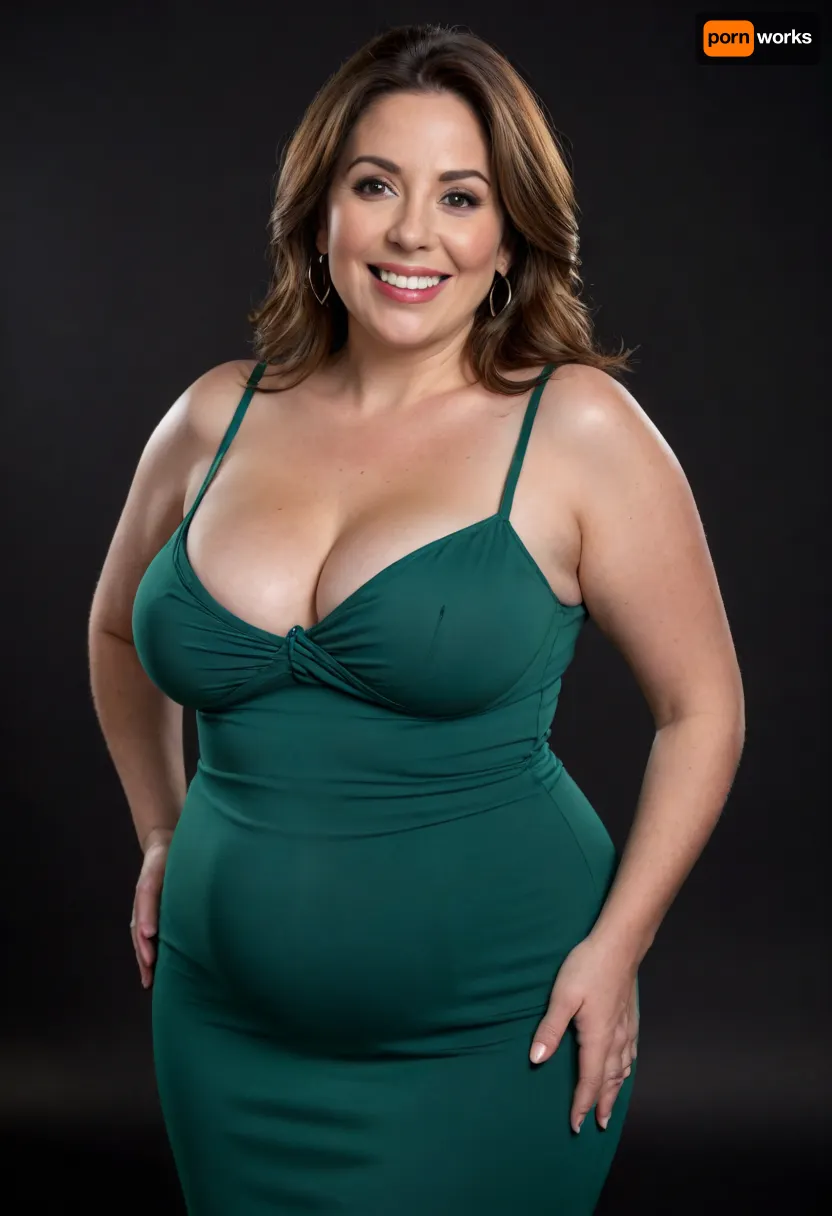 3/4 side view, Curvy gilf, looking at viewer, eye contact, portrait photo a ssbbw mature 60 year old woman, wearing a green v-neck sleeveless spaghetti strap long dress, hourglass figure, wide, huge hips, large waist, narrow waist, thick, thighs, saddlebags, round face, chubby cheeks, wrinkles, flushed cheeks, double chin, big eyes, long hair, brunette hair with highlights, medium hair, big smile, mouth open, lips parted, big lips, teeth showing, perfect teeth, joyful smile, (solid blank black background), pokies, hoop earrings, (wrinkles), (drooping saggy conical breasts), sagging, breasts, apart, hard nipples