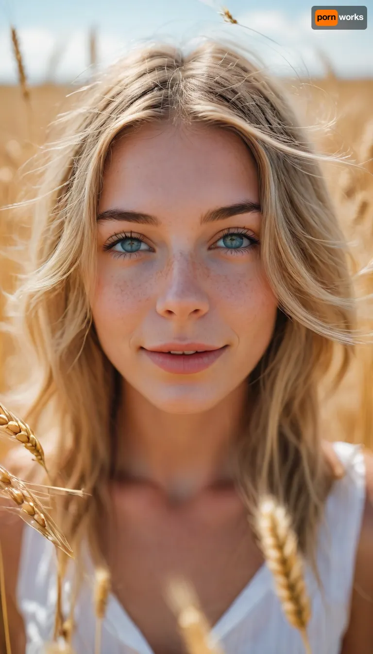 zip realism, (walking through a vibrant golden wheat field, pollen drifting in the breeze, vibrant blue sky, symmetrical framing), (avant-garde snapshot esthetic), (adorable woman, soft smile, warm gaze:1.2), (f/2.8, shallow depth of field, layered composition with subtle foreground, closeup, focus on eyes, low angle view:1.8), (wheat-blonde hair, long flowing hair, wind blown hair:1.4), (catchlights, limbal rings, large expressive eyes, perfect eyes, long delicate eyelashes), (soft facial features, flawless porcelain skin, soft blush), (dynamic lighting, contrasting shadows), <lora:MJ52:.8>