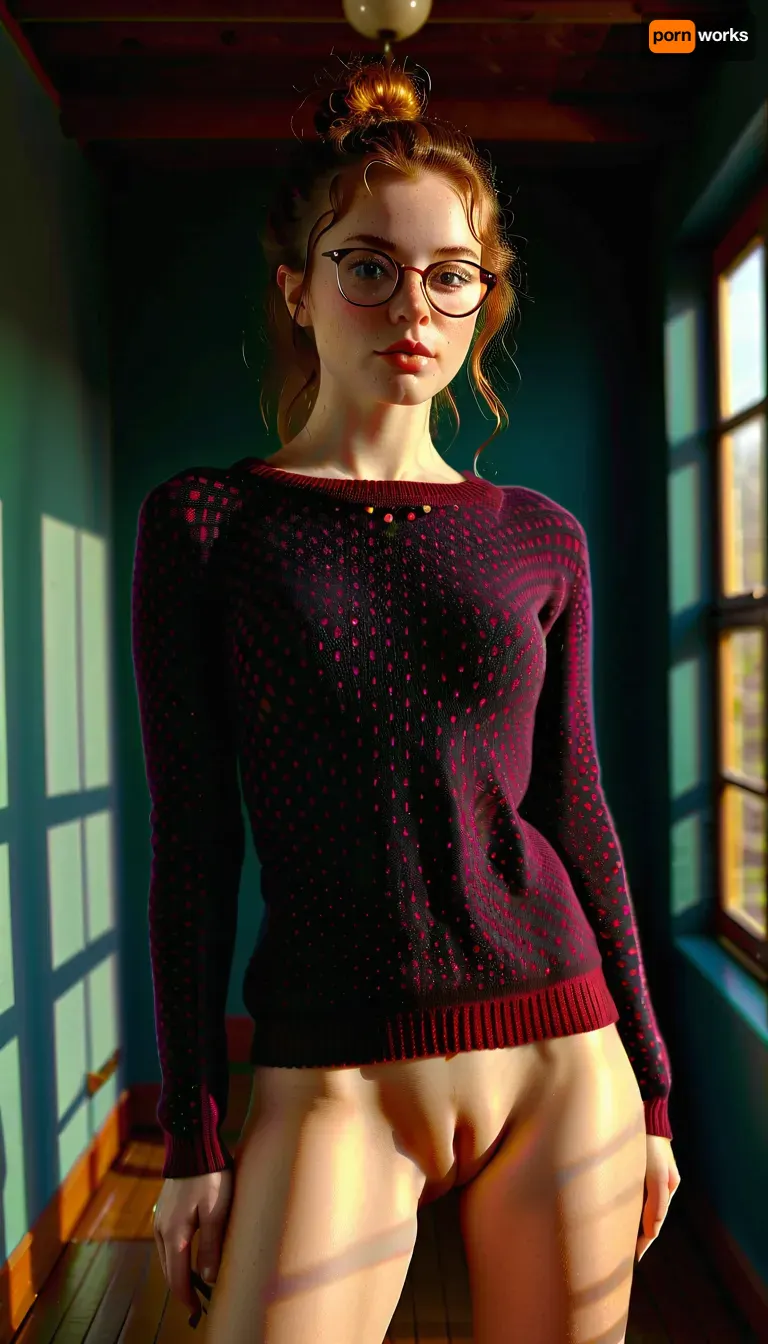 Young skinny Girl, view from front, looking at viewer, short curly brown hair, glasses with black rim, slim, (warm ambient light:.5), (shadows:1.4), RAW image, Canon EOS R3, DSLR photo, 8k, best quality, (realistic, photo-realistic:1), (8k, RAW photo, best quality, (intricate details), perfect eyes, (perfect face), perfect lighting, beautiful, (best quality:1.2), very cute elegant young girl with beautiful eyes, (firm medium breasted 2.5), ultra realistic skin, high detailed pores, horny expression, stunning, sexy, innocent, hot, loving face, very cute loving smile, open mouth, (sport ponytail with sidelocks:1.2), (raised nasal tip, upturned button nose, upturned nose, delicate nose, nose), gymnastics ass, gymnastics legs, gymnastics steps, gymnastic hands, high cheekbones, small lips, almond-shaped bold and vibrant look, blush, blushed, blushing, very much blush on the checks and nose, lots of freckles face, lots of freckles head, lots of freckles body, detailed, eyes, perfect, freckles, skin, (standing), ((wearing colourful patterned, over hip-length woollen jumper)), ((wearing no panties and no pants)), ((hairy pussy)), ((Extremely detailed tights)), (naked waist), (Leg gap), (very slender body), wide Spread legs, (high heels platform latex boots), ((very hairy)), ((big bubble butt ass)), looking at viewer, outdoors, arched back, mooning), detailxl, revstanding, <lora:add-detail-xl:.5>, <lora:MJ52:.5>, <lora:boots:.5>, <lora:revsex_SDXL_1_:.8>