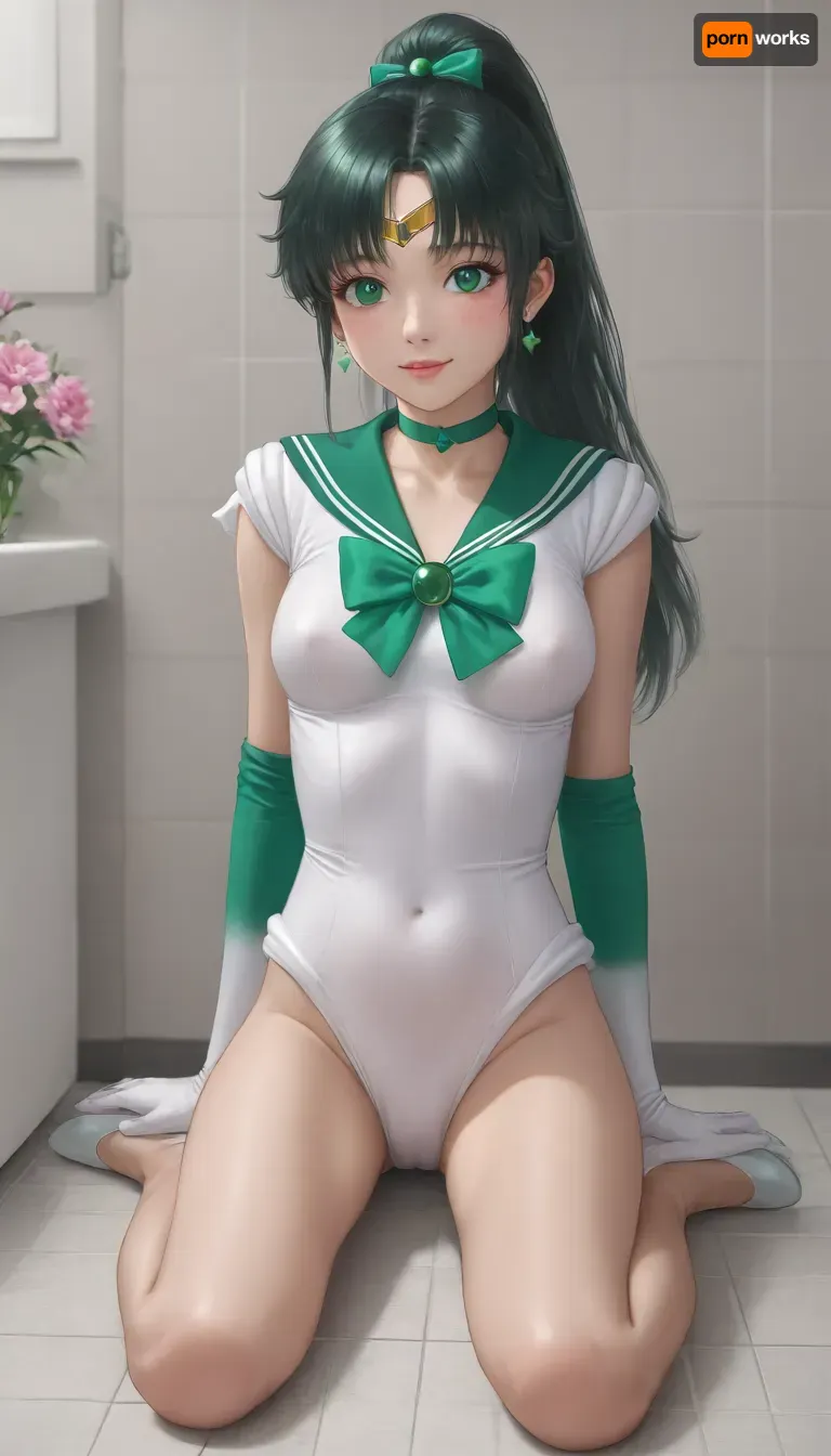 long distance view, full body view, woman, sailor Jupiter, sailor Jupiter uniform, in bathroom, sit on the floor, medium natural breast, hard nipples, slim gymnastic fitness body wet body, lots of freckles face and skin, blush on cheeks and nose, very happy smile, hypnotized loving eyes, wild hair, loving look in to the eyes, hmjupiter, eyes, tiara, senshi, uniform, leotard, smjupiter, smjupiteroutfit, (sailor, jupiter, bow, elbow, gloves, neck, ribbon, bangs, long, hair, circlet, jewelry, flower, earrings, ponytail), (green, eyes:1.5), (parted, bangs:1.5), <lora:sailor_senshi_uniform-1.0:.5>, <lora:sailor_jupiter_v1:.5>, <lora:Jupiter10_16:.5>