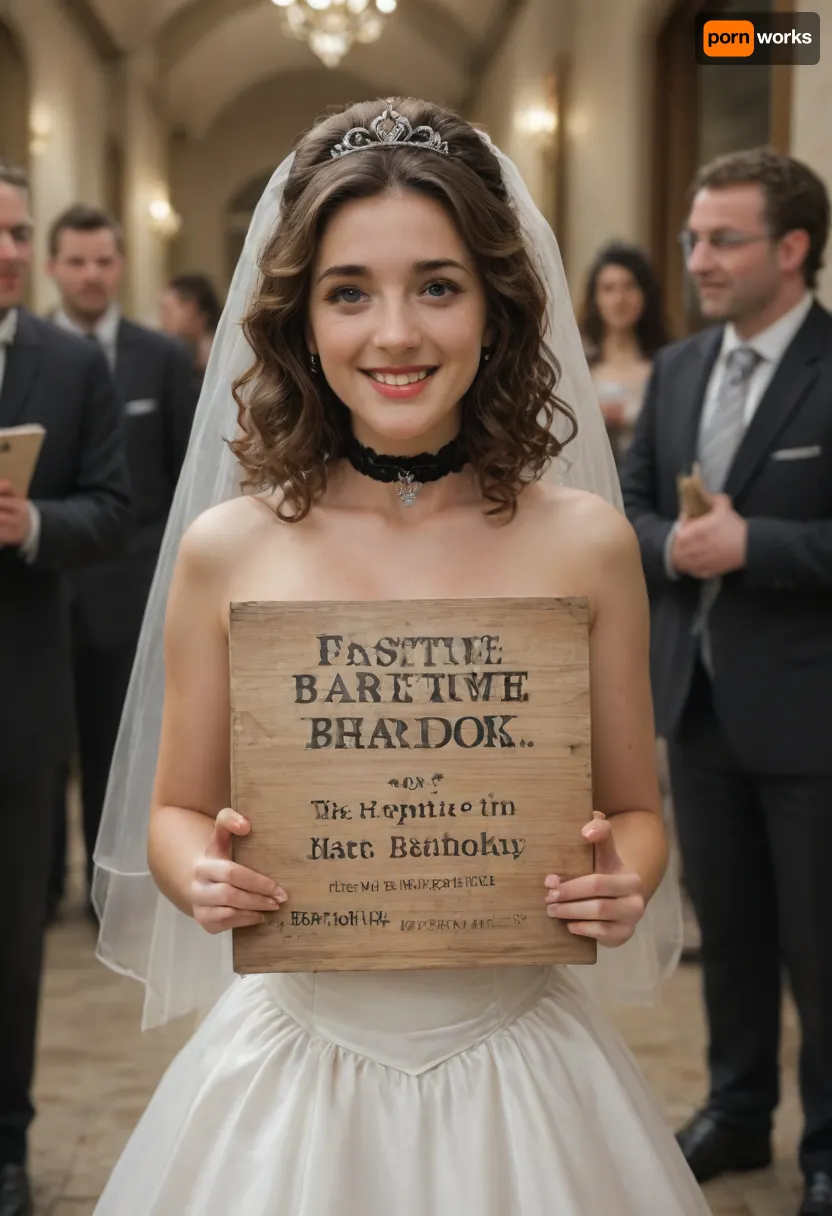 side-by-side two pictures, young French petite woman, curly brown hair, standing, (first picture on the left, confident, playful expression, huge smile, wedding dress, tiara, holding a handmade sign with text "EXPECTATIONS"), (second picture on the right, new expression on her face, much more serious, worried, nude, black choker around her neck, black leather harness with rivets on her chest, black garter at the waist, black leather straps with rivets on her legs, holding a handmade sign with text "REALITY"), logo, text, sign, that, says, the, word, <lora:texta:.8>