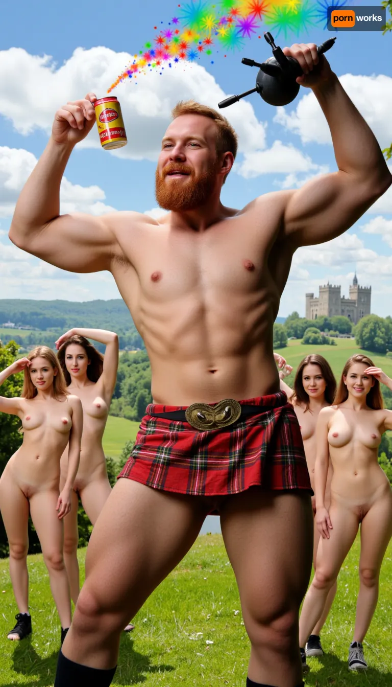 Willy, the lovable yet gruff groundskeeper, decked out in full Scottish regalia, standing tall and proud with his unmistakable fiery red hair and beard. He's flexing his surprisingly ripped and muscular physique, which has drawn the attention of a group of sexy ladies, each dressed in revealing, Scottish-themed attire. Willy's right hand holds a gleaming bagpipe, emitting a vibrant burst of colorful notes that float up into the air as if they were visible to the eye. His left hand grasps a can of Irn-Bru, the iconic Scottish soft drink, which he seems to be offering to one of the admiring women with a cheeky wink. His kilt flutters dramatically in the breeze, revealing strong, muscular legs that defy his age. The ladies are in various poses of admiration and awe, with some leaning in closer to hear the sweet sound of the pipes, while others are reaching out to touch his muscular arms or steal a sip of his beverage. The background is a whimsical world of majestic Scottish highlands, complete with a distant castle and rolling green hills. The vibrant color palette is a blend of the bright yellows and blues from the Irn-Bru logo, the rich greens of the landscape, and the vivid plaids of the characters' outfits. The scene exudes a playful, flirtatious energy that captures the essence of Willy's unexpected charm and the infectious spirit of Scottish culture.