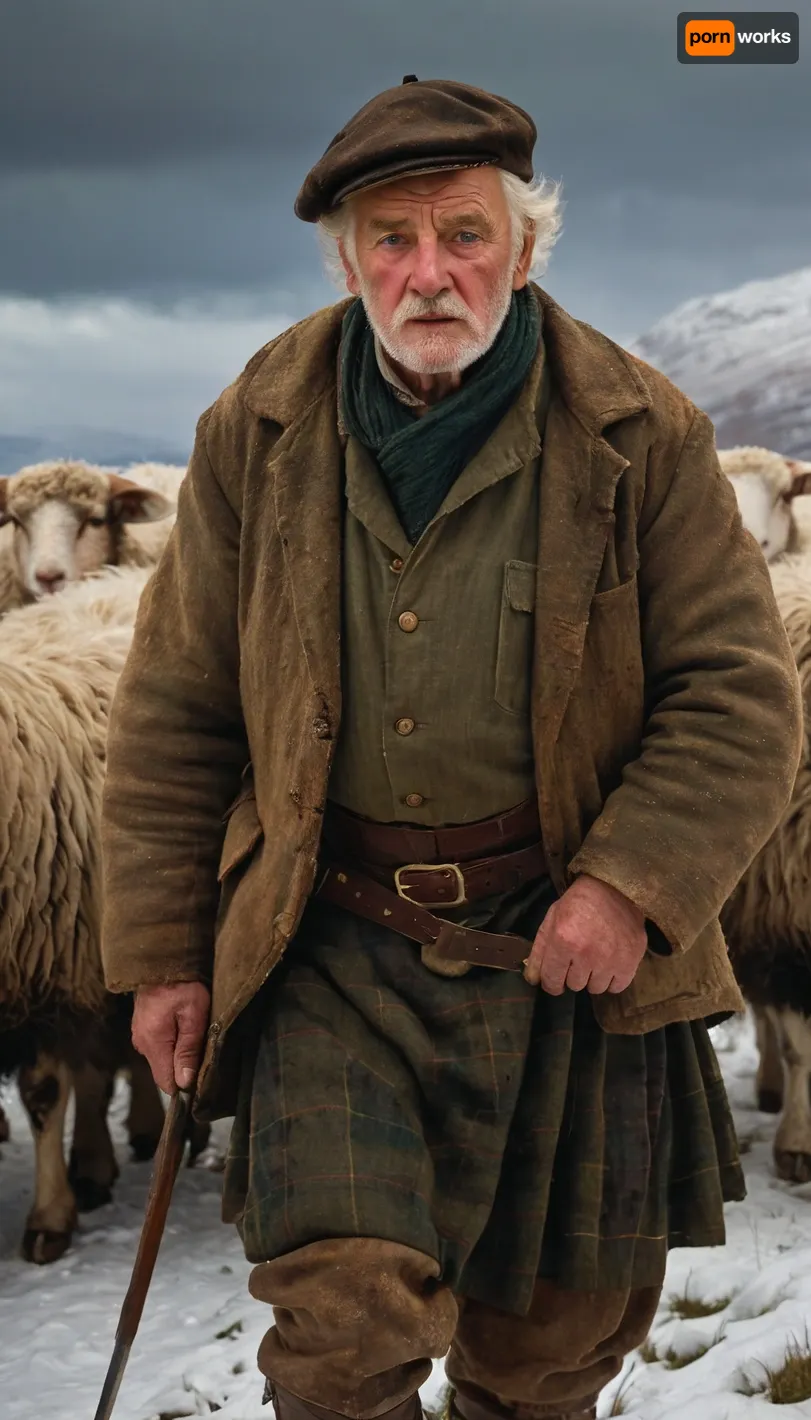 Painting of a proud Scottish mercenary 70 yo, in the Scottish highlands, (in winter:1.2), shepherds sheep, William McTaggart Style, Oil Painted Poetry, head over the shoulder, dancing, face visible, Cinematic, dramatic, <lora:William McTaggart Style:1>