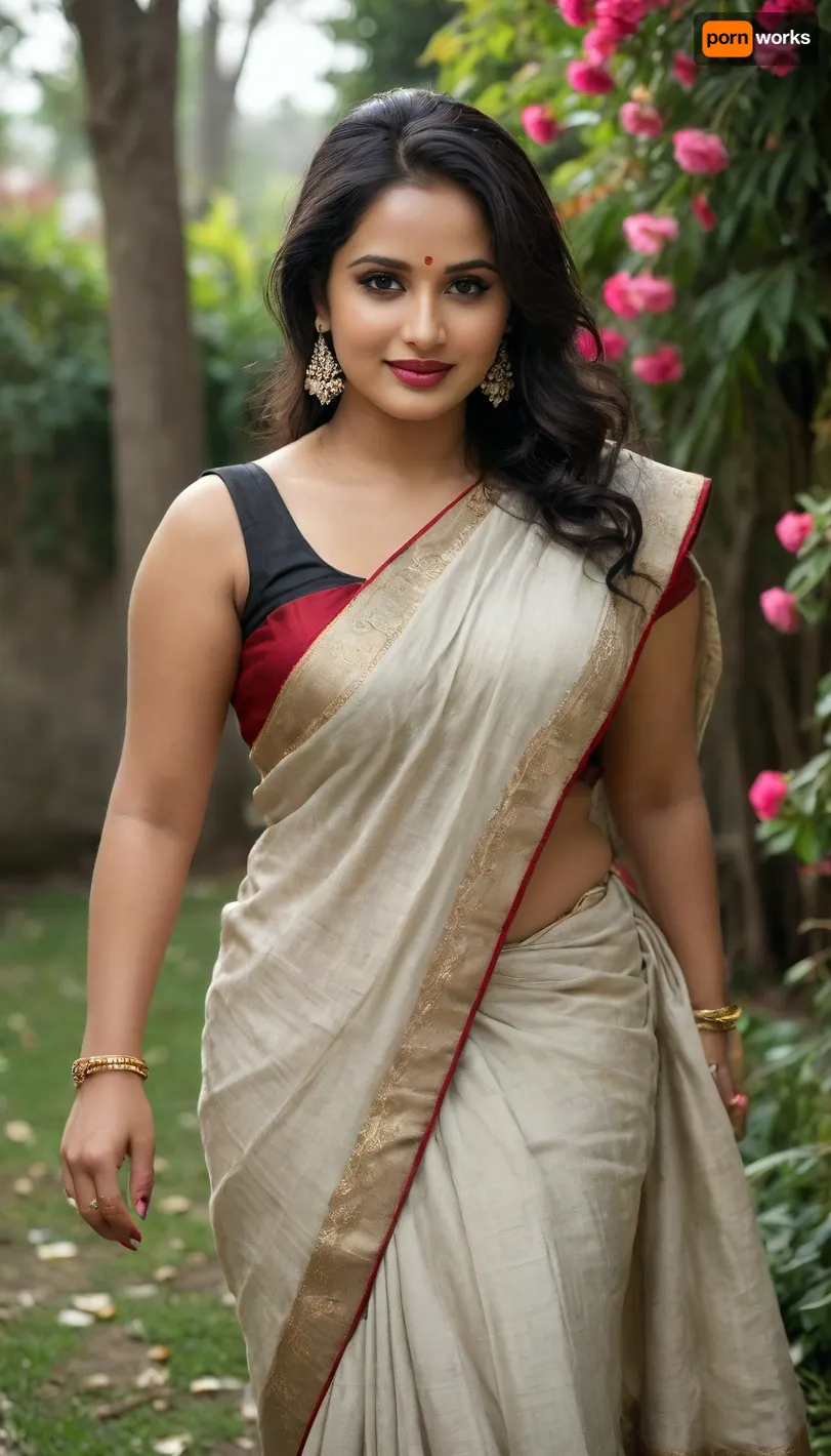 38 year old Indian mature woman, bindi, long voluminous puffed style long black hair over one shoulder, large boobs, milf, chubby fat, daytime lawn greenery cold chill full of flowers petals people watching her, black and white decent Indian saree sleeveless blouse, full indian jewellery nacklace, hindu, Bengali bride flowers on hairs, seducing naughty smirk, long earrings, full makeup, high heels, mascara, red lipstick, eye liner, view from top, full length size picture, facing the viewers, seducing flirting stylish pose, Afroza, MILF, Fashionable, style, tailor, bengali, look, bridal, saree, <lora:Afroza-10:.5>, <lora:RPGTailorXL:.6>, <lora:lora (9):.8>, <lora:bridal_saree:.9>