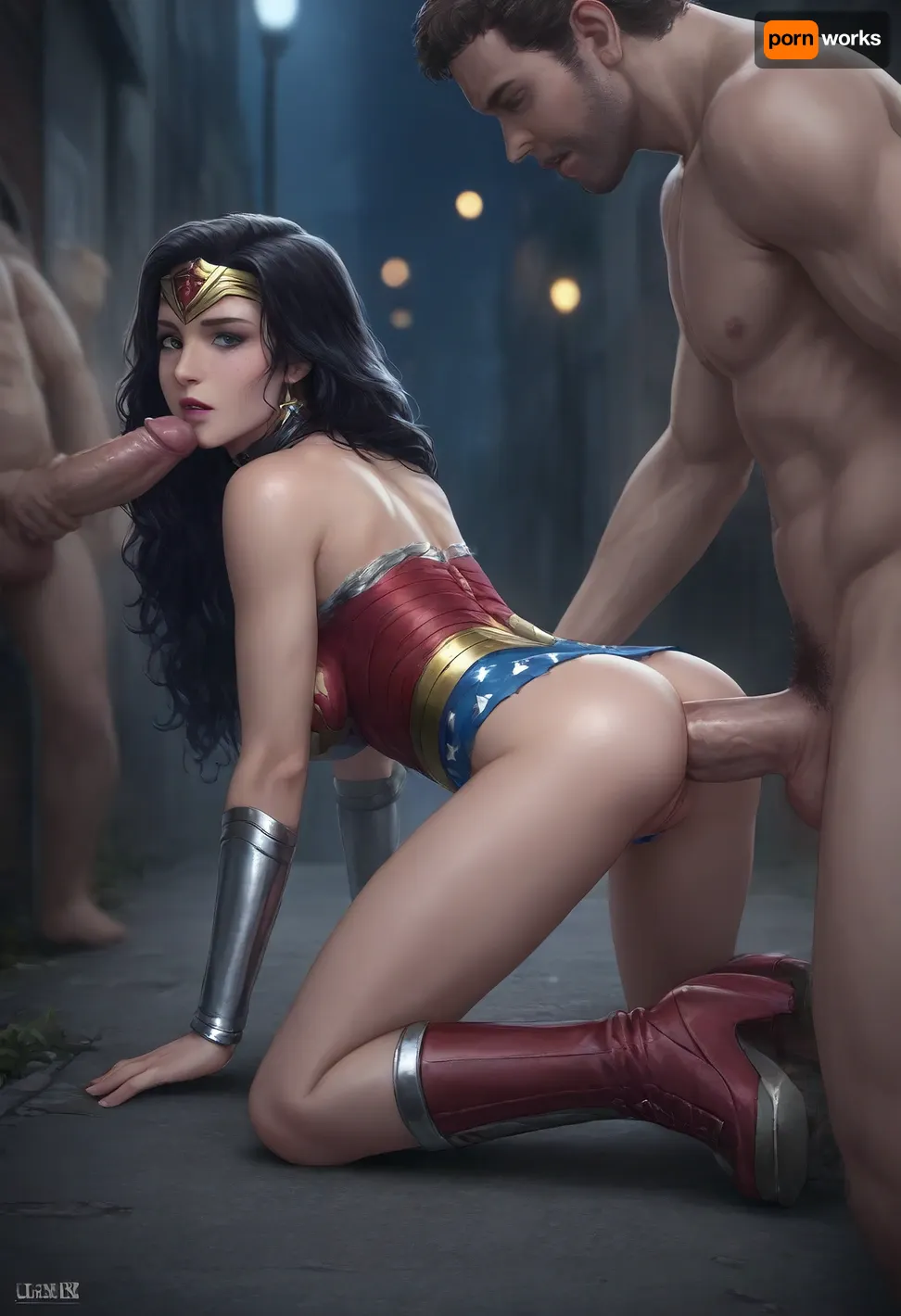 1girl cute young woman Wonder Woman gangbanged large henchmen, Wonder Woman, 18 years old, (torn and ripped Wonder Woman outfit), platform boots, (leather collar), high detailed skin, 8k uhd, dslr, high quality, detailed skin texture, highly detailed hair, sharp body, highly detailed body, realistic, soft focus, insanely detailed, highest quality, freckles, skin pores, skin imperfections, (dark city alleyway:1), dark rundown city in background, (dark night:1.4), clutter and trash in background, full body view, seductive, glowing hair, sexy legs, high resolution photography on a canon camera, friendly, flirty, (2males ass fucking Wonder Woman), (anal sex:1.2), DAP, double anal penetration, anal penetration, blurry background, Bokeh, (doggystyle anal), (massive cock:1.3)