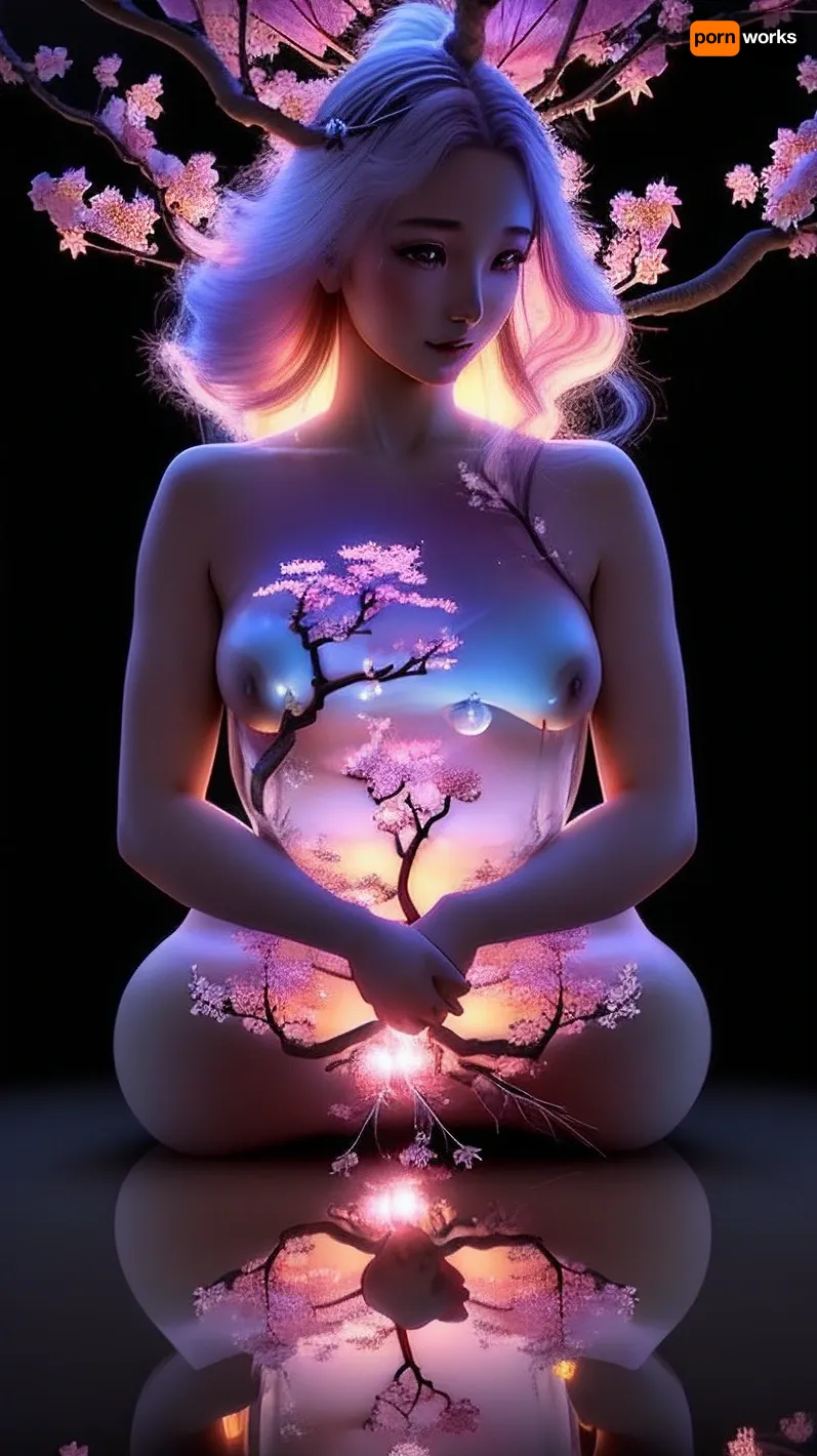Illustration of a dynamic anime style scene, ((double exposure)), ((frame within frame)), ((transparent, nude, the girl is one with the sakura tree)), ((sakura flowers sprouting through her transparent, like a rock crystal body from inside intertwining with a ghostly silhouette as one, branches intertwining into her crystal chest intertwining through her transparent, like a crystal vessel body, whimsical branches growing from inside)), with hair long from branches and flowers in a bright fantasy world filled with floating islands reflected in the mystical light of the transparent belly and, ((blossoming sakura trees intertwining with the girl's transparent body)), the atmosphere is whimsical and colorful, with soft, magical lighting effects. The style reflects a mixture of modern anime and romantic mood, 3DMM, w0rld, <lora:w0rld - World Inside Body:.8>