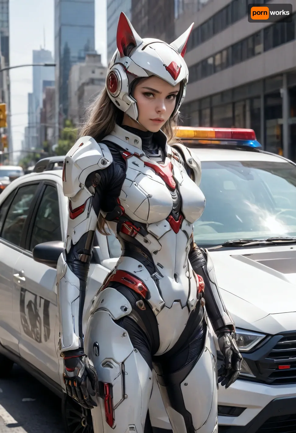 The image shows a young, thin woman in a futuristic suit standing on a police car. She is dressed in white and gray armor, with an open torso. On her head she has a helmet with ears, similar to a cat's. On her left hand is a mechanical device with several fingers. She is standing with one foot resting on the hood of the car, and the other on the fender.

In the background, city buildings are visible, as well as a crowd of people watching the event. Above the car hangs a road sign with the inscription "Downtown CA" and an arrow pointing downwards. On the bumper of the car is a yellow tape with the inscription "CAUTION SEX TAPE CAUTION".

The hood of the car is painted red and white. The reflection of the surrounding landscape is visible in the transparent dome above the hood. Inside, you can make out a steering wheel., <lora:Mecha_Ggorgeous_Armor-000011:.8>