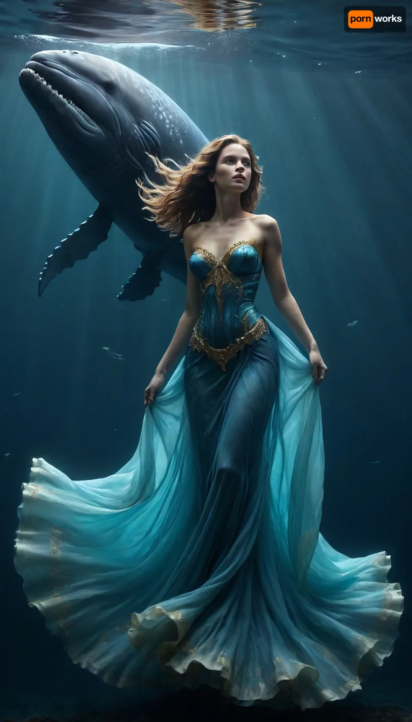 In the dark, endless ocean, a woman floats in a long, flowing gown of sheer silk that drifts around her. She is surrounded by enormous fish, some with eyes level to hers, others gliding above her like slow, majestic shadows. Their scales shimmer in blue, turquoise, and gold, casting soft light into the water. In the distance, the faint silhouette of a massive whale-like creature moves through the blue haze. Her hair is crowned with pearls and coral, her skin glistening with the reflected light of the fish. The atmosphere is calm yet powerful, cinematic, and awe-inspiring.