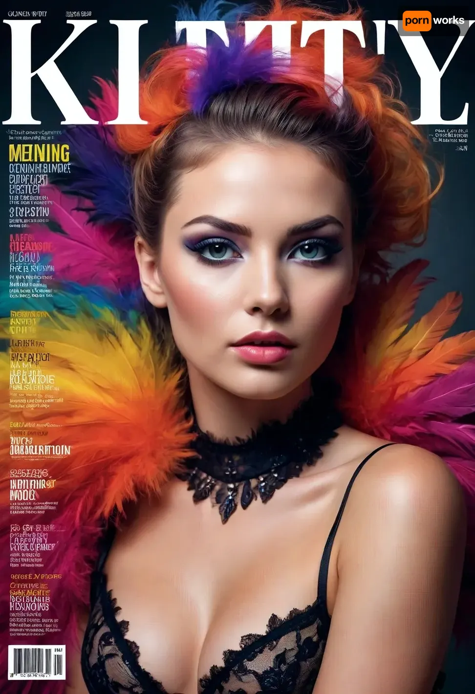 glossy magazine cover style, text headline "KITTY", A double-exposure illustration in which a woman face is overlaid with raven feathers, blending human features with skin elements. elaborate hairstyle, lingerie, aroused skin, colorful smoke, colorful glass, fashion tabloid style, text "ART", frame, graphical design, text, shapes, numbers, barcode, glamour magazine, sparkling look, realistic pretty women photo, intricate, posing, handsign to viewer, #©KITTYART


































#©KITTYART