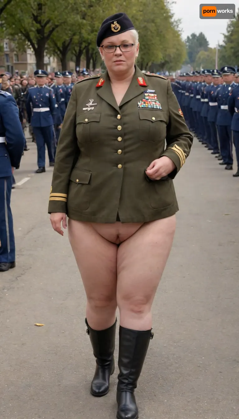 no skirt, no panties on a OBESE 58-year-old European woman with hidden shaggy tits, shaggy belly under buttoned Military parade suit, shaved pussy is visible, white blond hair, wrinkled face, black lipstick on thin lips, black makeup, glasses. She is dressed only with, ((buttoned Military parade suit:1.5)), buttoned up on the tits, officer's peaked cap., ((NO skirt:1.5)), NO PANTIES. long boots, belt, ((shaved pussy visible:1.5)), full figure visible, outdoor, prisoners of war, realistic image, ultra HD, 8k, ((daylight)), HD, true colors, detailed portrait. No blur, ultra HD photorealistic full height 8k, <lora:356724_training_data:.8>, megachubsdxl, morbidly, obese, <lora:megachubsdxl_13:.2>