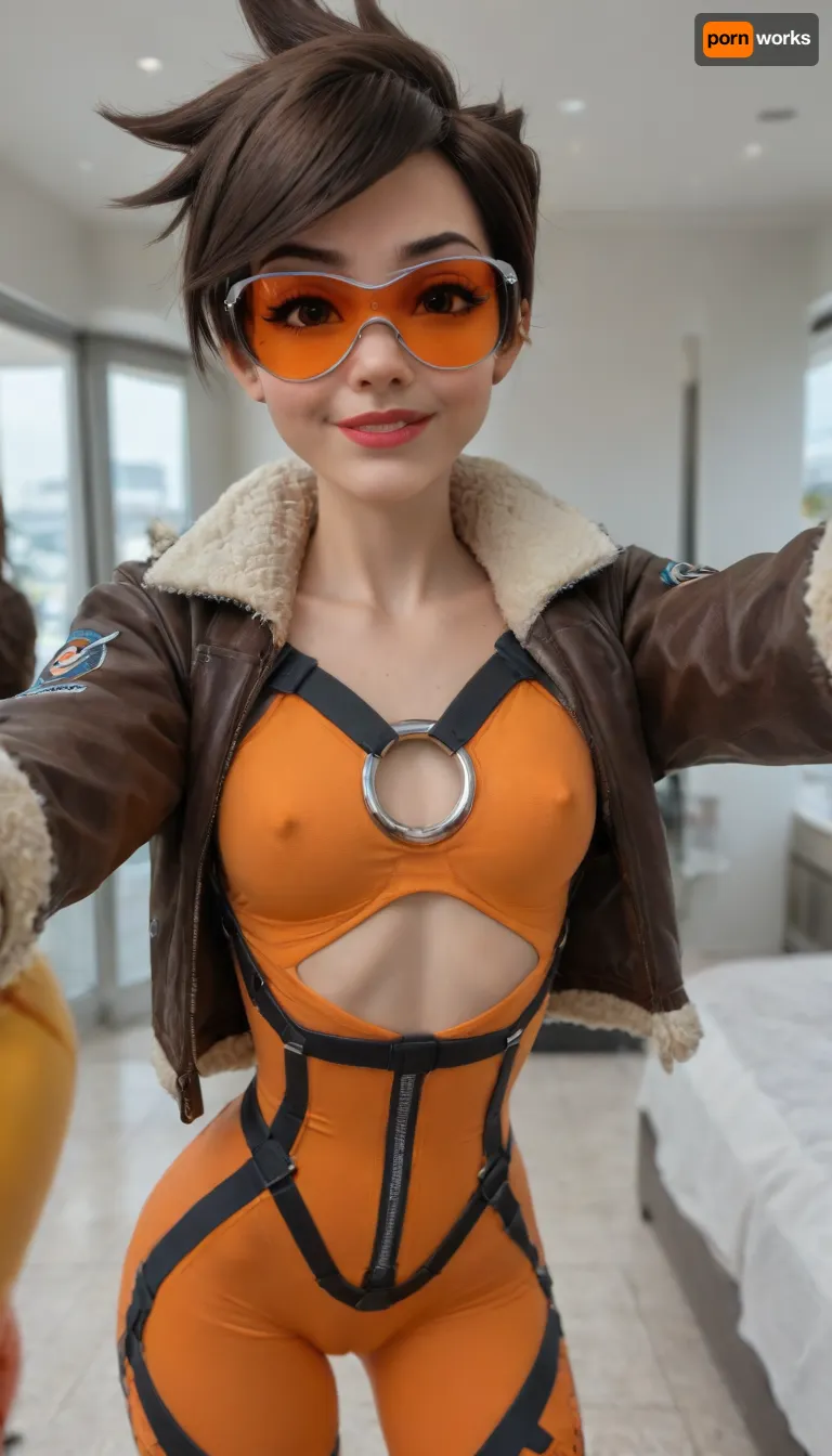 (((Best selfie pose))), (young petite girl:1.9), Close-up girl, breathtaking Cinematic scene, hero view, ((smile)), Overwatch, detailed background, masterpiece, best quality, high quality, highres, absurdres . award-winning, professional, highly detailed, (ultra realistic:1.3), (maximum quality:1.3), (high resolution:1.3), (extreme detail:1.3), (ultra realism:1.3), (maximum detailed skin:1.3), (((extremely long big thick black eyelashes))), (narrow waist), (wide hips), (((makeup))), (((blush))), lipstick, detaled pimples moles all over the body, corneo_tracer, (tracer_overwatch), (goggles), jacket, ((orange)), ((cutout open bodysuit)), ((bomber)), (harness), chest, lora, ((big sunglasses, orange lenses)), ((erect nipples)), (((cameltoe pusssy))), <lora:tracer_xl_v1:2>, <lora:Realism_Lora_By_Stable_yogi_SDXL8.1:2>, <lora:cfg_scale_boost:2>, <lora:sdxl_photorealistic_slider_v1-0:2>