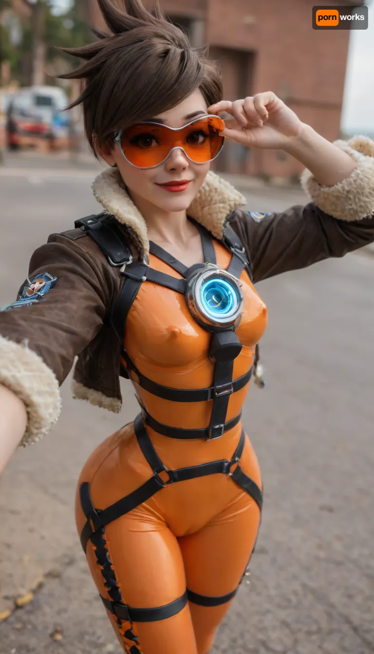 (((Best selfie pose))), (young petite girl:1.9), Close-up girl, breathtaking Cinematic scene, hero view, Tracer, ((smile)), Overwatch, action pose, detailed background, masterpiece, best quality, high quality, highres, absurdres . award-winning, professional, highly detailed, (ultra realistic:1.3), (maximum quality:1.3), (high resolution:1.3), (extreme detail:1.3), (ultra realism:1.3), (maximum detailed skin:1.3), (((extremely long big thick black eyelashes))), (narrow waist), (wide hips), (makeup), ((blush)), lipstick, detaled pimples moles all over the body, (corneo_tracer), ((leggings)), (((tracer_overwatch))), (((goggles))), (((jacket))), (((orange))), (((bodysuit))), (((bomber))), (((harness))), chest, lora, (((big sunglasses, orange lenses))), (((oiled skin))), ((erect nipples)), <lora:tracer_xl_v1:2>, <lora:Realism_Lora_By_Stable_yogi_SDXL8.1:2>, <lora:cfg_scale_boost:2>, <lora:sdxl_photorealistic_slider_v1-0:2>