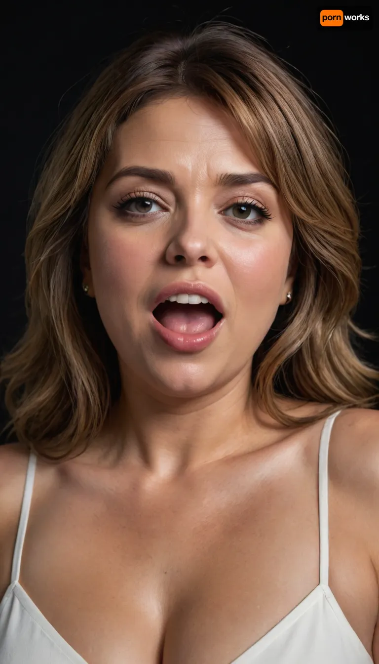 Lubica stepaunt, light brown balayage hair with highlights, (Obese:1.3), pov, (gilf), tan skin, wrinkles, portrait photo a mature chubby gilf, fat round face, double chin, 50 years old Woman, big eyes, light eyes, long hair, layered haircut with side swept bangs, chubby jawline, pokies, seductive smile, lips parted, (mouth open:1.3), teeth showing, big lips, looking at viewer, (solid blank dark background:1.3), film grain, style by Flora Borsi, OverallDetail, sleeveless spaghetti strap White dress, hips, saggy, sagging, droopy, cleavage, eye contact, (cellulite), <lora:rknArouseXL:.7>