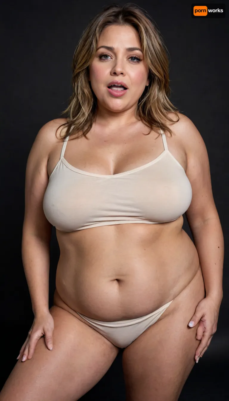 Lubica stepaunt, light brown balayage hair with highlights, (Obese:1.3), pov, (gilf), tan skin, wrinkles, portrait photo a mature chubby gilf, fat round face, double chin, 50 years old Woman, big eyes, light eyes, long hair, layered haircut with side swept bangs, chubby jawline, pokies, seductive smile, lips parted, (mouth open:1.3), teeth showing, big lips, looking at viewer, (solid blank dark background:1.3), film grain, style by Flora Borsi, OverallDetail, sleeveless spaghetti strap White dress, hips, saggy, sagging, droopy, cleavage, eye contact, (cellulite), stretch, marks, <lora:rknArouseXL:.5>, <lora:stretch_marks:.4>