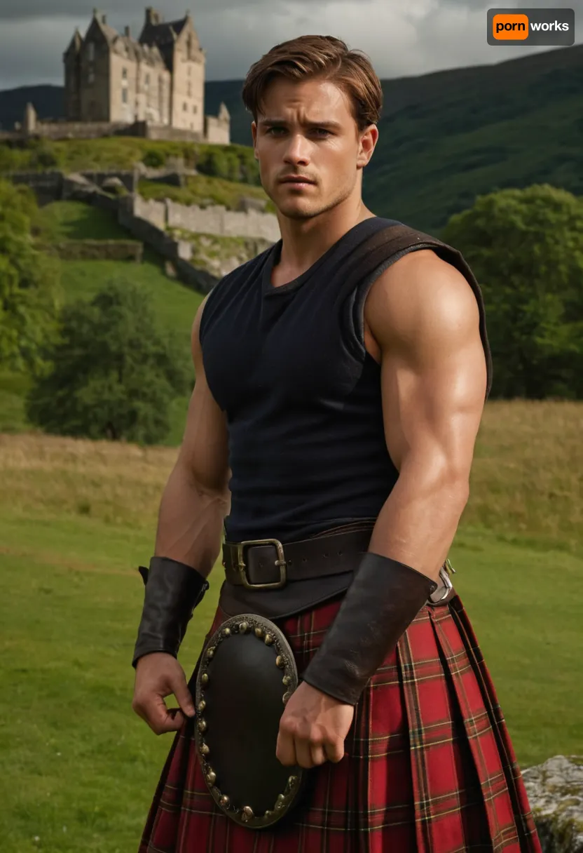 A young man, light-skinned and with brown hair, is positioned slightly off-center to the right of the image. He is of European descent and appears to be in his late twenties. He has a muscular physique with visible abs. He is wearing a traditional Scottish kilt, a dark red and black tartan, and leather armor-style arm guards and belt. A metal chain necklace with a pendant hangs across his chest. He stands outdoors by a calm body of water, in front of a large, gray stone castle or tower. The setting is a scenic landscape with rolling hills and lush green foliage. The man is looking directly at the viewer, with a serious expression. His posture is confident and relaxed, one arm holding a metal object. The image is brightly lit, casting shadows subtly, suggesting a natural light source from slightly above and to the left. The colors are varied and vibrant, with a focus on the earthy tones of the landscape and the rich colors of the tartan kilt. The image style is evocative of a historical fantasy, or a scene from a film. The composition of the image places emphasis on the subject, showcasing his strong physique and traditional attire.