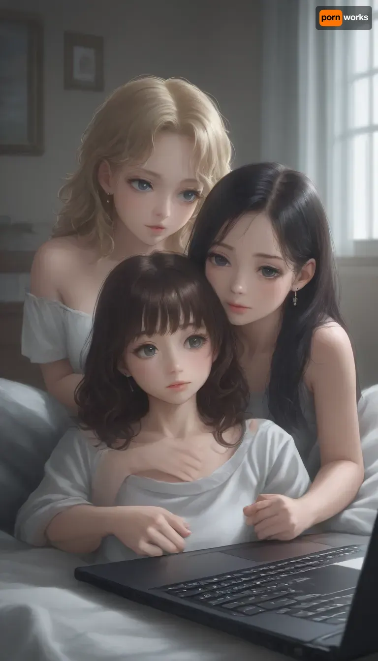 view from the back, big laptop screen displaying a lesbian anime porn game, two girls with long hair watching on a bed