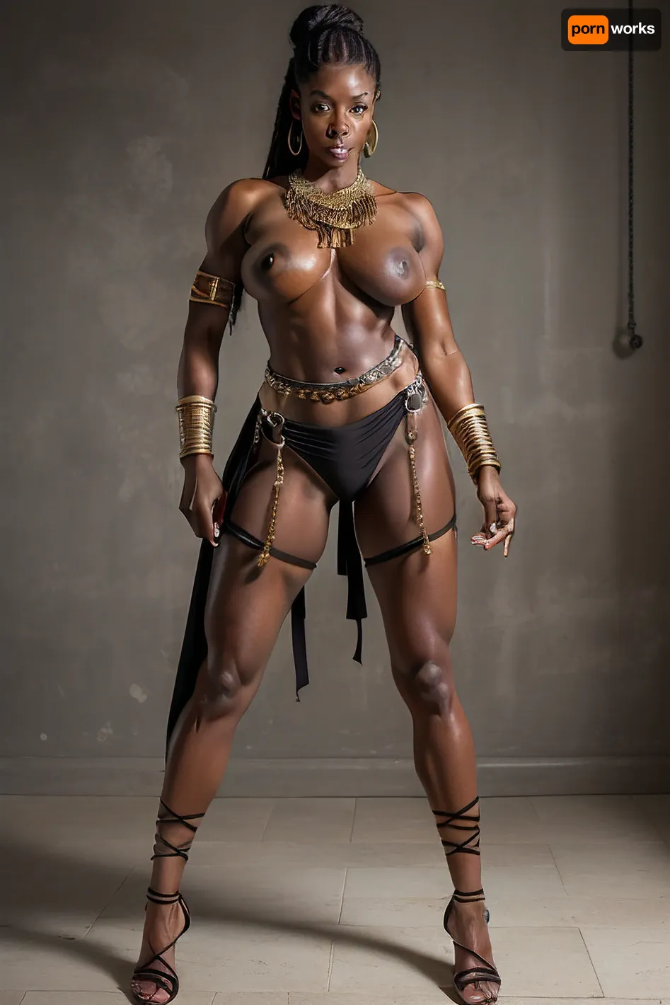 40 year old woman, FDiame, hyper realistic skin, visible pore, professional photoshoot, ray tracking, 85mm, masterpiece, best quality 02, nude, obscene, wild, pussy, (((very tits))), ass, sexual, erotic, spread legs, spread pussy, spread ass crack, dark gray hair, very hair, oily hair, hair bun, belly chain, (((waist chain))), muscular, abs, sixpack, (((slim))), slender, (((skinny))), (((flat sandals))), bald head, (((very dark black skin))), oiled, exhausted, vascular, tall, perky nipples, warrior, amazone, gladiator, Nubian queen, princess, goddess, hardbody, long legs, jucy, strong calves, no clothing, fully nude