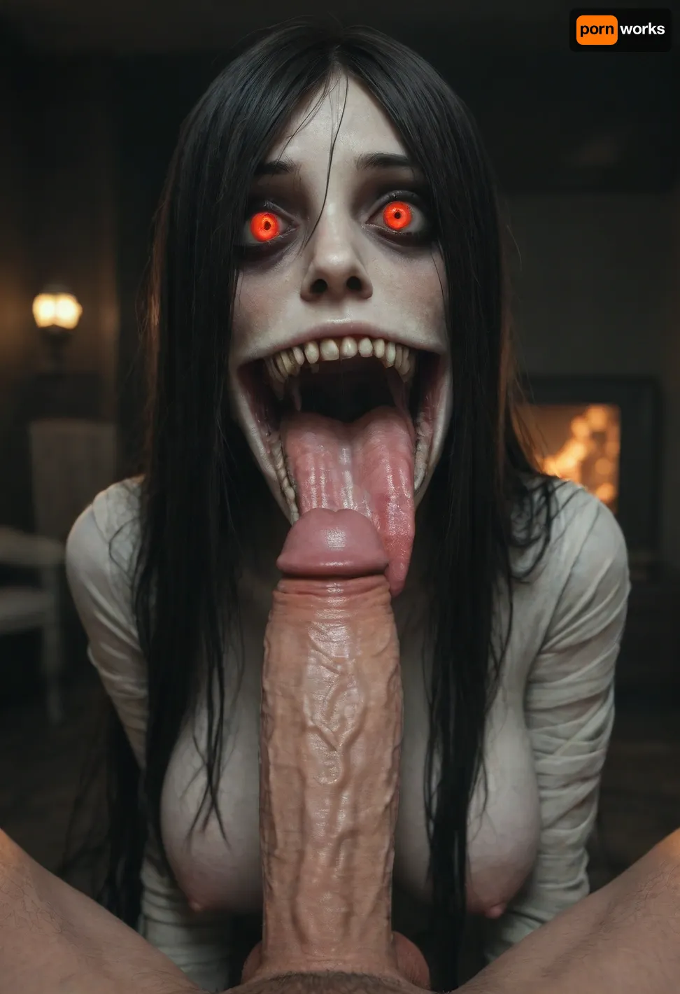 score_9, score_8_up, score_7_up, score_6_up, (animated, 2d, anime style), (((Sadako Yamamura))), 1girl, solo, long hair, black hair, very long hair, (mess hair), naked breast, torn clothes, impossible clothes, hair over eyes, torn dress, grey skin, impossible dress, yamamura sadako, hair over one eye, (((yandere, psychosis, possession, dangerous, crazy, psycho))), blush, (heavy breathing), steam, (bags under eyes), night, television, sweat, head tilt, angry smile, (wavy mouth), cleavage, (massive veiny breasts, saggy), ((full body)), (night, dark room), (red glowing eyes), (((on all four, crawl out tv))), glitches, lean forward, ((gothic style, dark theme, low light, cold colors, nightmare, horror)), pov, big cock, (horror mouth wide open:1.3), above cock, cock almost in mouth, excessive Saliva dripping, (long horror tongue, wrapping around cock:1.4)