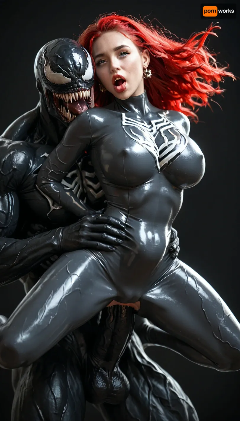 German woman, a very very very long thick braid, red hair, full lips, thick lips, huge chest circumference, dark olive skin, tight micro super hero outfit metallic high-necked long-sleeved high-rise bodysuit, black background, gets held in the air by Venom, full clothing, anal, huge black veiny Venom cock, cock all the way in her ass, belly bulge, ahegao, full body view