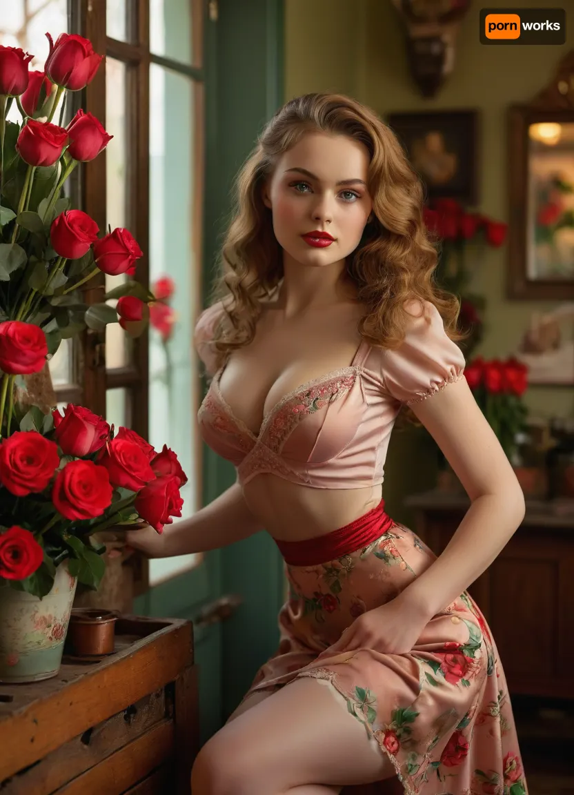 (masterpiece, best quality, ultra-detailed, photorealistic, HDR, full-body portrait, glamorous retro pin-up style lighting), female, 22 years old, vintage florist girl, Eastern European, extremely sexy yet elegant appearance, perfectly symmetrical facial features, flawless luminous fair skin with soft peach undertones, gently rounded jawline, petite chin, high delicate cheekbones with natural blush, small refined nose, very large bright green eyes with thick upward-curled black lashes, perfectly arched brows, full glossy heart-shaped lips painted in rich crimson red, subtle seductive smile showing a glimpse of perfect white teeth, (long thick wavy chestnut hair flowing freely down to her hips:1.2), body with ultra-slim waist, flat toned belly, (large full round natural breasts:1.2), wide feminine hips, long shapely legs in sheer nude stockings, wearing a tight vintage floral-print pencil skirt sitting high on the waist, form-fitting pastel pink silk blouse with short puffed sleeves and deep plunging neckline accentuating her cleavage, vintage flower-print apron tied neatly at the back, open-toe red high heels, small pearl earrings, holding an ornate pair of vintage gold floral scissors in one hand and a large bouquet of red roses in the other, standing in the doorway of a cozy 1950s-style flower shop, shop filled with roses, tulips, lilies in wooden crates, pastel-painted walls, warm golden sunlight streaming through the front window, vibrant colors, ultra-sharp focus, lifelike skin texture, perfect anatomy and body proportions, <lora:MJ52:1>, <lora:SDXLHighDetail_v6-000005:.8>, <lora:Microwaist_XL_v01:.8>