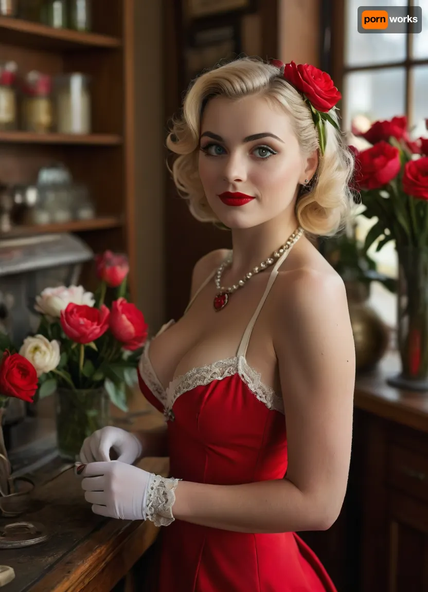 (masterpiece, best quality, ultra-detailed, photorealistic, HDR, full-body portrait, glamorous cinematic lighting), female, 23 years old, Veronica, Slavic-American, with an incredibly sexy yet elegant appearance, symmetrical facial structure, flawless porcelain skin with a soft natural blush, high defined cheekbones, delicate straight nose, vivid emerald-green almond-shaped eyes with dark limbal rings, long thick curled black lashes, perfectly arched dark brows, full glossy heart-shaped lips painted in vivid crimson red, playful retro smile revealing perfect white teeth, softly waved shoulder-length platinum blonde hair styled in a 1950s pin-up victory roll with red rose hair accessory, expression radiates confident femininity and playful sensuality, ultra-slim hourglass figure with, (large firm round breasts:1.2), ultra-narrow waist, wide curvy hips, long toned legs, wearing a tight-fitting low-cut retro floral halter dress with sweetheart neckline showing deep cleavage, dress hem stopping mid-thigh with a high slit revealing garter straps and sheer black seamed stockings, black stiletto heels, small pearl necklace, gold bangle bracelet, white lace gloves, holding vintage silver pruning shears in one hand and a large bouquet of deep red roses in the other, standing behind a rustic wooden counter covered with flower arrangements in glass vases, old-fashioned cash register to the side, shelves behind filled with colorful blooms — peonies, tulips, orchids — and retro tin watering cans, sunlight streaming through large shop windows casting soft highlights on her hair and stockings, cinematic depth of field, ultra-sharp focus, correct body proportions, perfect hand anatomy, lifelike skin texture, <lora:MJ52:1>, <lora:SDXLHighDetail_v6-000005:.8>, <lora:Microwaist_XL_v01:.8>