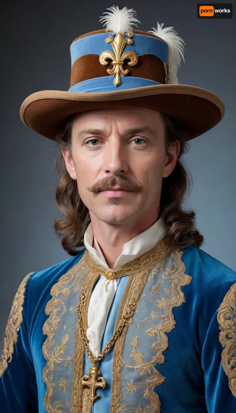 (portrait of a middle-aged man:1.2), in, (early 17th-century French aristocratic attire:1.3), elaborate, (brown felt hat with feathers and ornate metal details:1.3), long brown wavy hair, well-groomed handlebar mustache, (distinctive white lace collar with intricate patterns:1.2), (sky blue velvet tunic with stylized gold embroidered fleur-de-lis and sword motifs:1.4), detailed textures, soft studio lighting, focused on face, (medium shot:1.1), realistic photo, high detail, sharp focus, (muted grey background:1), (neutral expression:.9), .