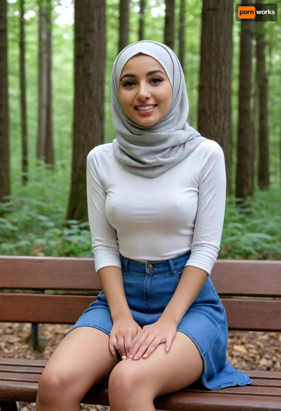cute 20 years slender woman, small body, dark sun tanned skin, cute face, innocent face, open mouth slightly, posing at forest bench, 20 years old, big natural breast, puffy areola, swollen niple, ((long hijab)), ((high definition picture)), high detail, small ass, small hips, tight jeans, spread knees with hands