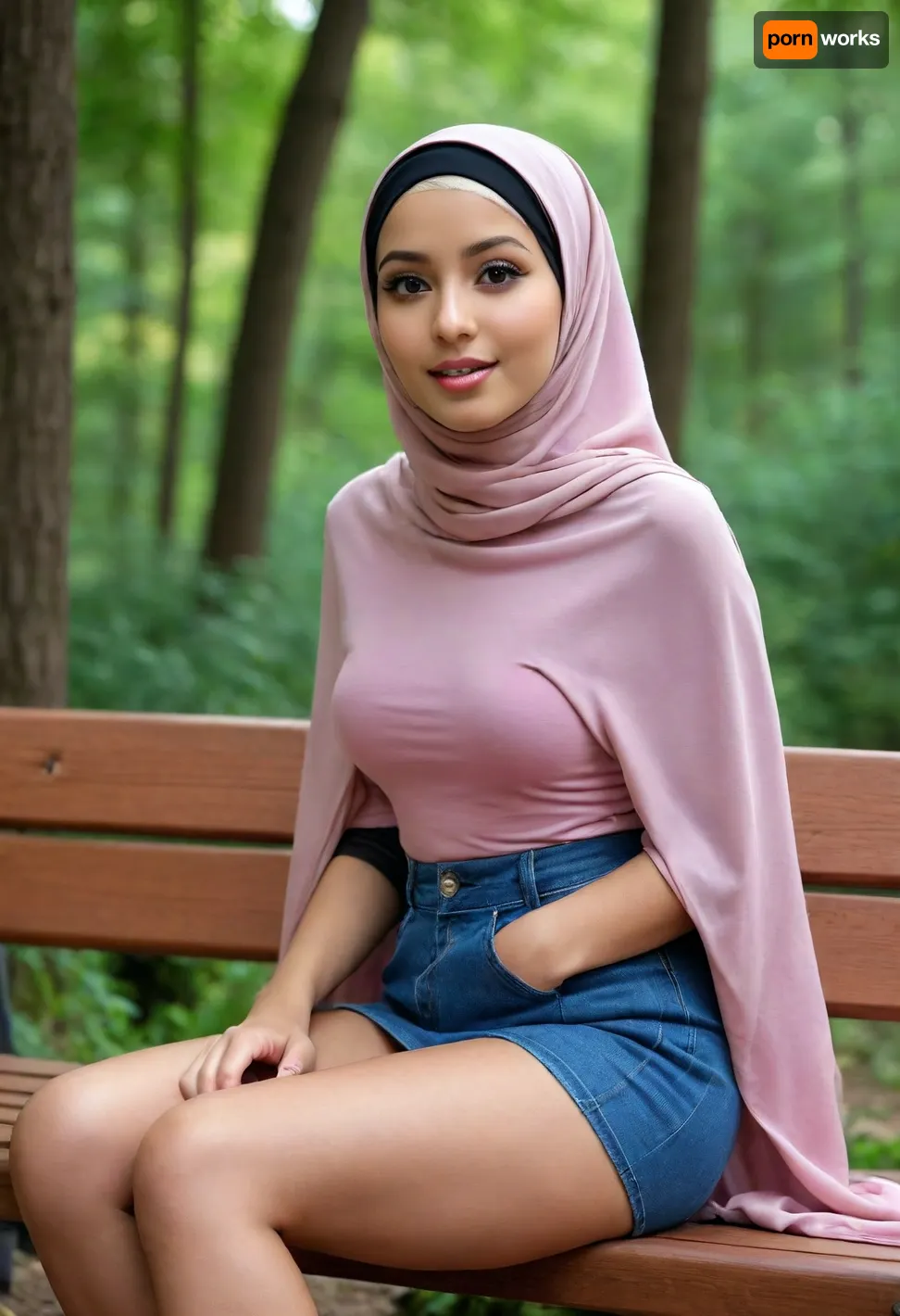 cute 20 years slender woman, small body, dark sun tanned skin, cute face, innocent face, sympatic face, open mouth slightly, posing at forest bench, 20 years old, big natural breast, puffy areola, swollen niple, ((long hijab)), ((high definition picture)), high detail, small ass, small hips, tight jeans thighhihgs