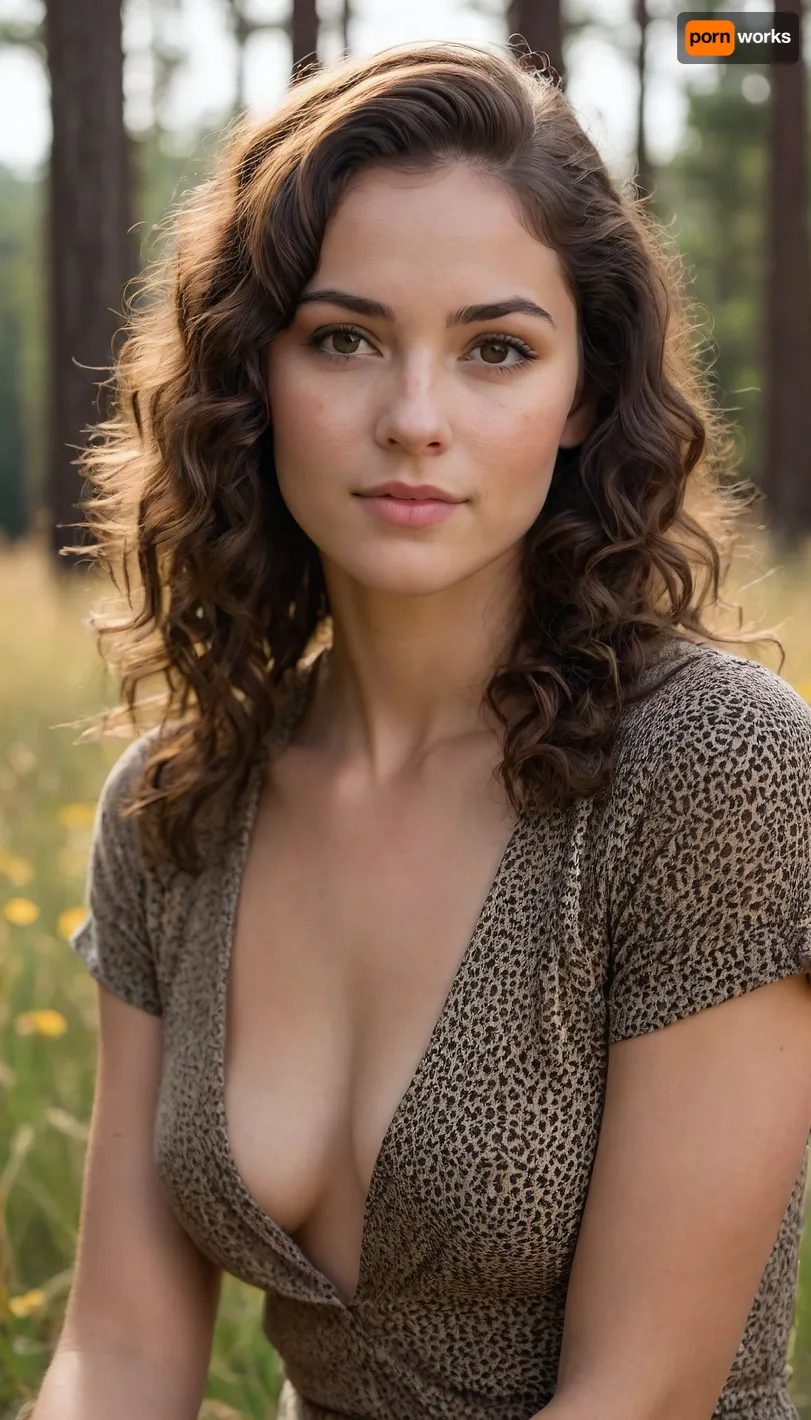 A young woman, about 28 years, with long, naturally curly dark brown hair, parted slightly to the side. She has an oval face, warm skin tone, high cheekbones, and big almond-shaped brown eyes. Her eyebrows are dark, naturally thick and gently arched. sexy, cute, freckles
photorealistic, natural light, cozy, sitting gracefully in a sunlit meadow filled with yellow wildflowers and tall grass. She is wearing a stylish, short-sleeved leopard print jumpsuit with a V-neckline, which fits her form elegantly. Her naturally curly dark brown hair is parted in the middle and falls behind her shoulders. The scene is bathed in warm natural light, creating a dreamy, golden-hour effect. Soft sunlight filters through the trees in the background, casting a gentle glow on her face. The woman gazes confidently and serenely into the camera, exuding calmness and poise. Tall pine trees and a bright sky complete the peaceful, nature-filled setting. The overall atmosphere is warm, natural, and fashion-forward.