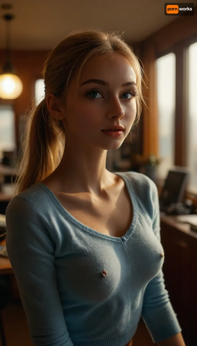 Full body, full view, young girl, 18 years old, blonde hair in ponytail, false eyelashes, makeup, flat chest, (very long nipples), ((skinny)), light_blue blouse, sweater, office, shot from below, ((Ultimate realistic photo details)), (((dynamic sexy pose))), (((bright sunlight))), small curved round breasts, bottomless, detailxl, <lora:MJ52:.8>, <lora:attractive_notrigger:.8>, <lora:710302_training_data:.8>, <lora:RealDownblouseXL2:.8>