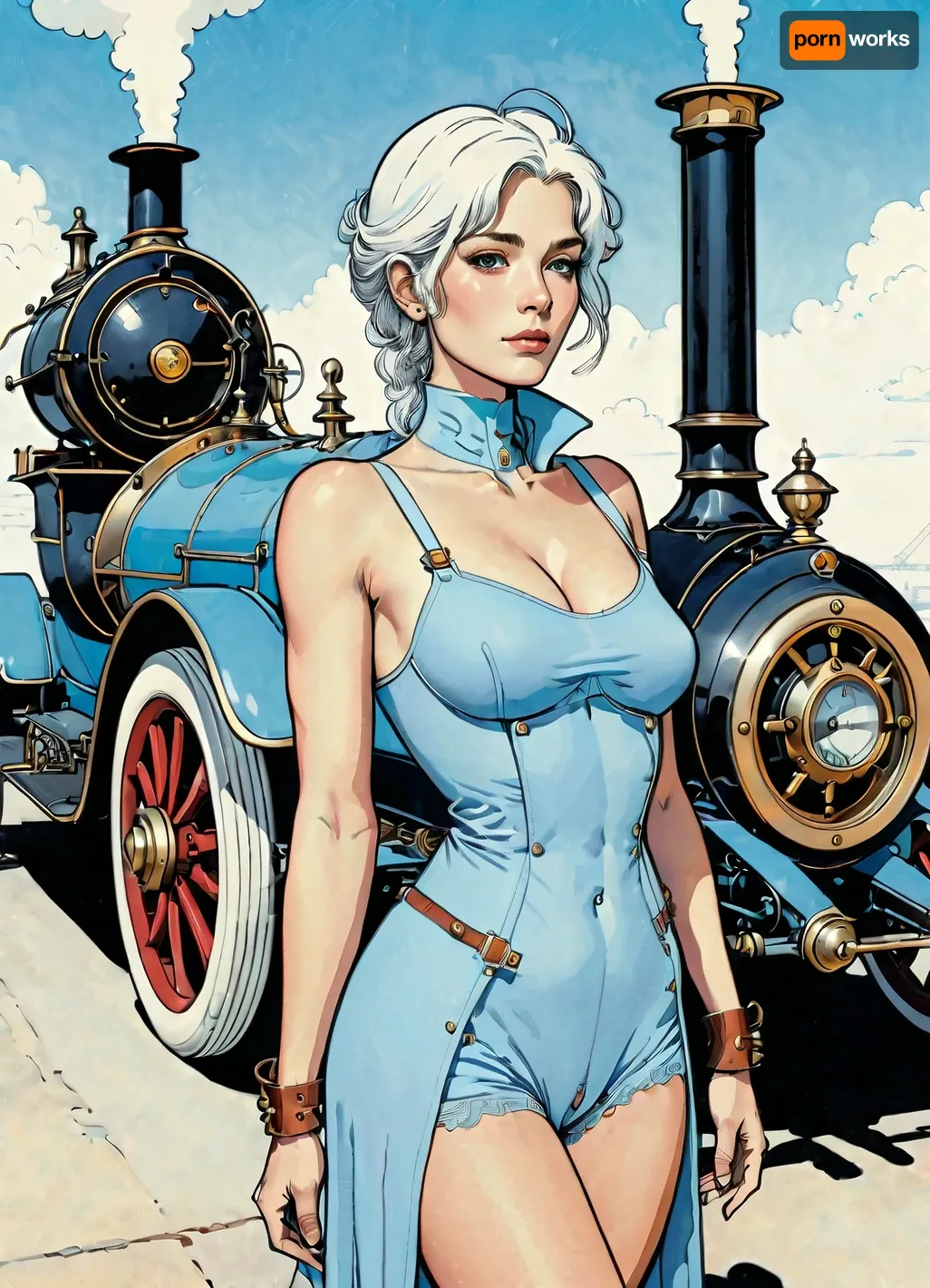 score_9, score_8_up, score_7_up, source_anime, woman posing next to steam powered car, (A detailed anime drawing with clean lines and meticulous shading, flat colors, line art, no gradients, blue and gray palette), realistic anatomy, steampunk, Victorian london, fog, myst, cloudy sky, Moebius, detailed face, (Jean, Giraud), page, lineart, <lora:Moebius (Jean Giraud) Style:1>, <lora:outline_xl_kohaku_delta_spv5x:1.1>, <lora:lineartSDXL:.8>