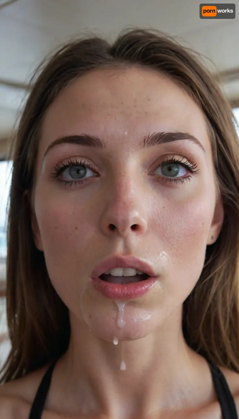 20 year old super skinny thin girl, very long hair, messy hair, brunette, (fully nude except for thin cum stained black yoga leggings), on yacht, face fucked hard, mouthful, deepthroat, dripping cum from mouth, view from below, underview, cum dripping to camera view, (cum in hair, cum on face, cum dangling from nose, cum in eyes), woman, cum, on, face, <lora:JustCum:.8>